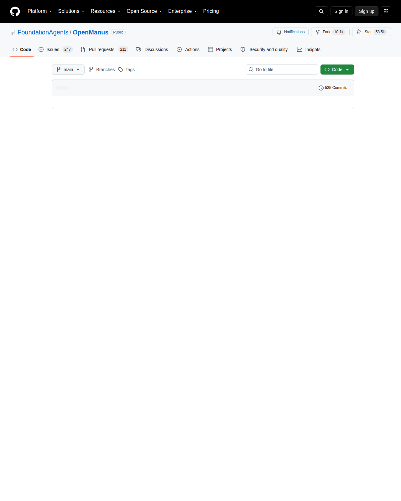 OpenManus GitHub 倉庫首頁（倉庫名稱 FoundationAgents/OpenManus、專案描述、星標數與頂部檔案清單）