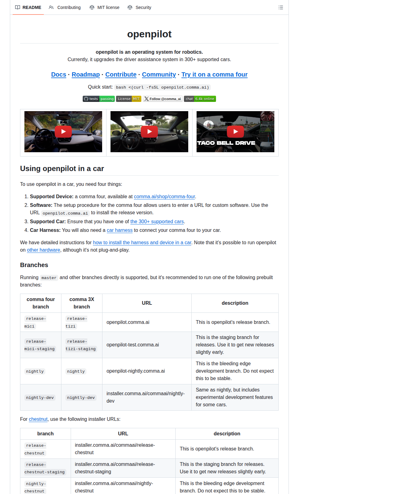 openpilot 的 GitHub README 開頭，顯示專案名稱 openpilot 大字標題、標語「openpilot is an operating system for robotics」、支援 300 款以上車型的說明、文件與社群連結，以及一鍵安裝指令