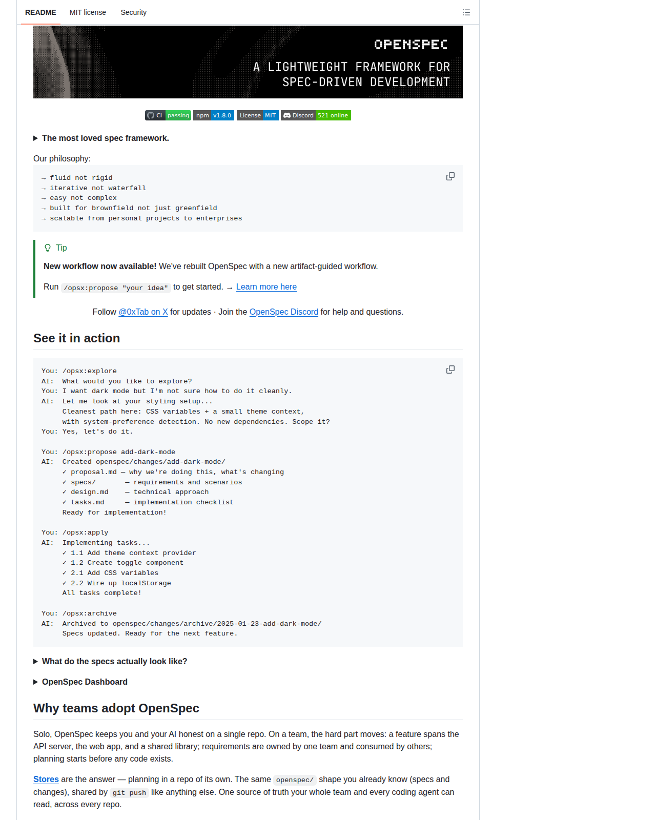 OpenSpec README 開頭（項目名稱「OpenSpec」banner + 標語「The most loved spec framework」+ 理念方針 + /opsx 指令示範）