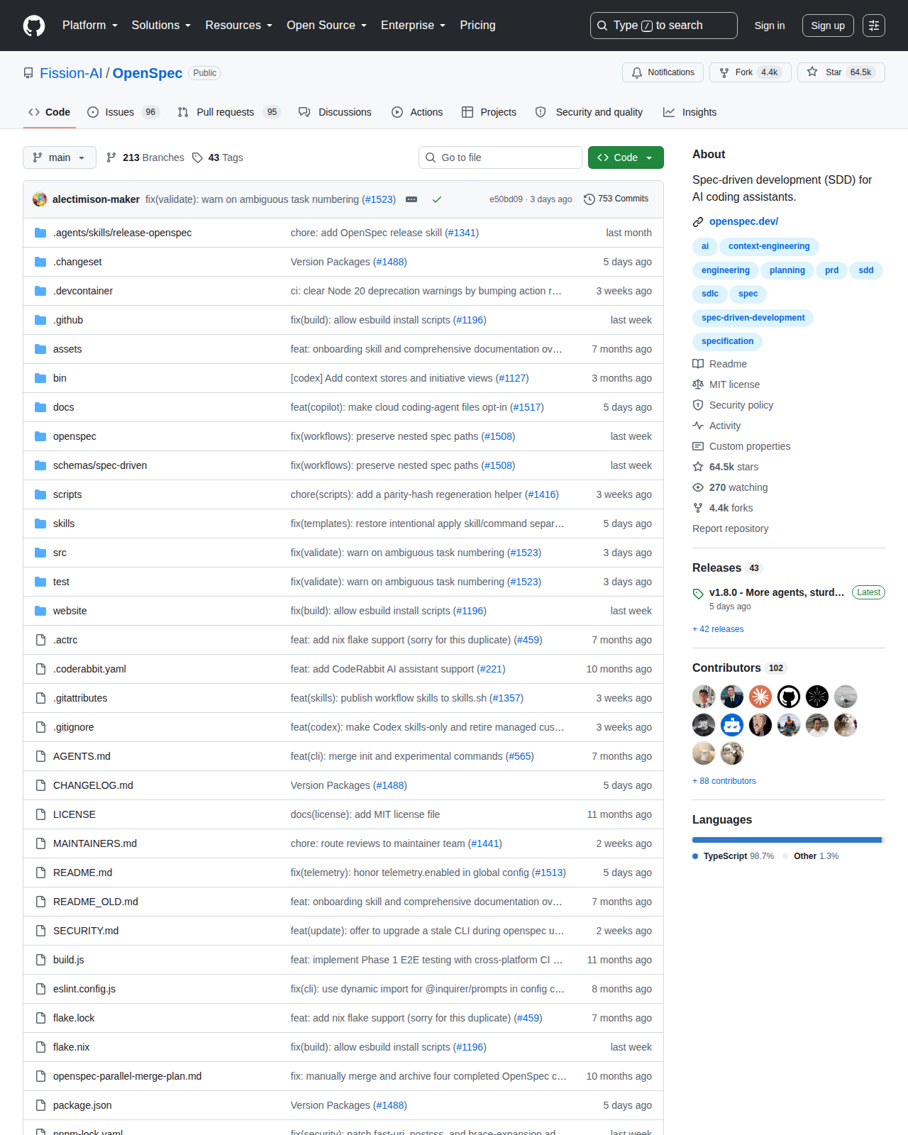 OpenSpec GitHub 首頁頂部（repo 名稱 Fission-AI/OpenSpec + 64.5k Star 數 + 4.4k Fork 數 + 項目描述「Spec-driven development (SDD) for AI coding assistants」）