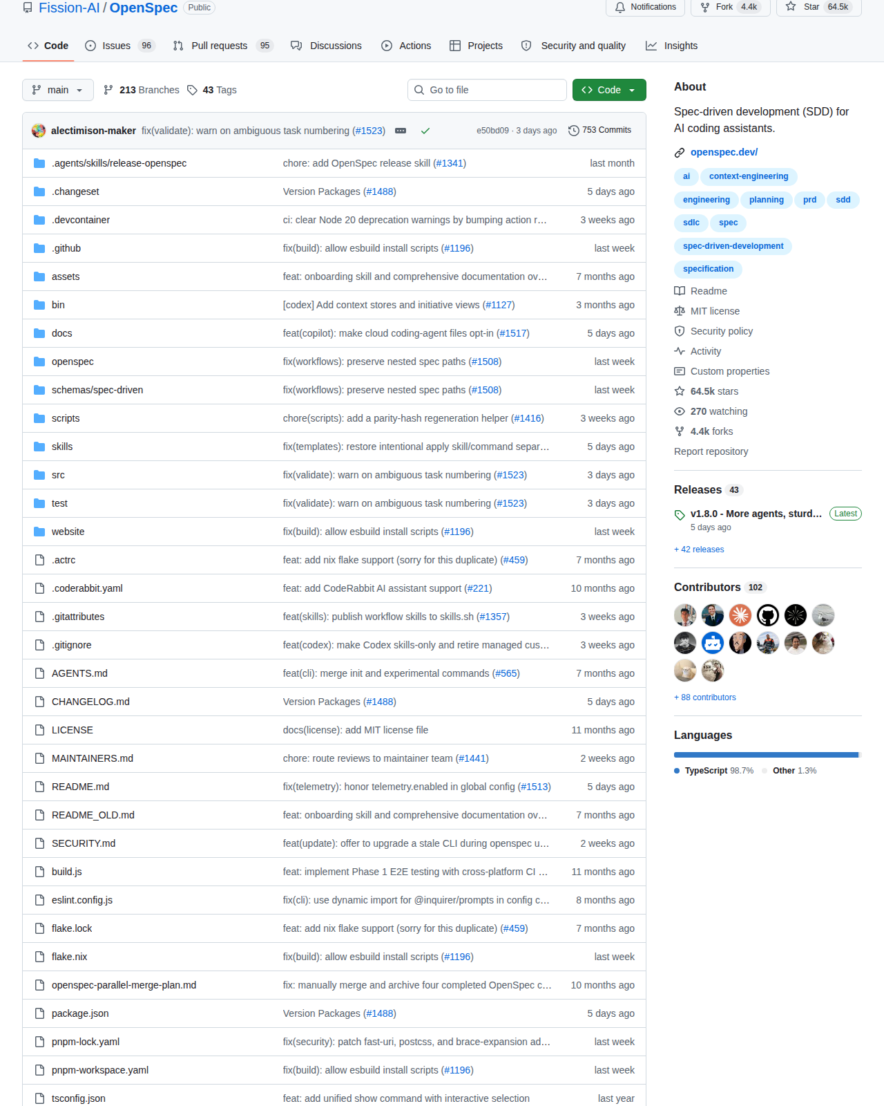 OpenSpec GitHub 統計側邊欄（64.5k stars、4.4k forks、270 watching、92 位貢獻者、TypeScript 98.7% 語言比例、v1.8.0 最新版本）