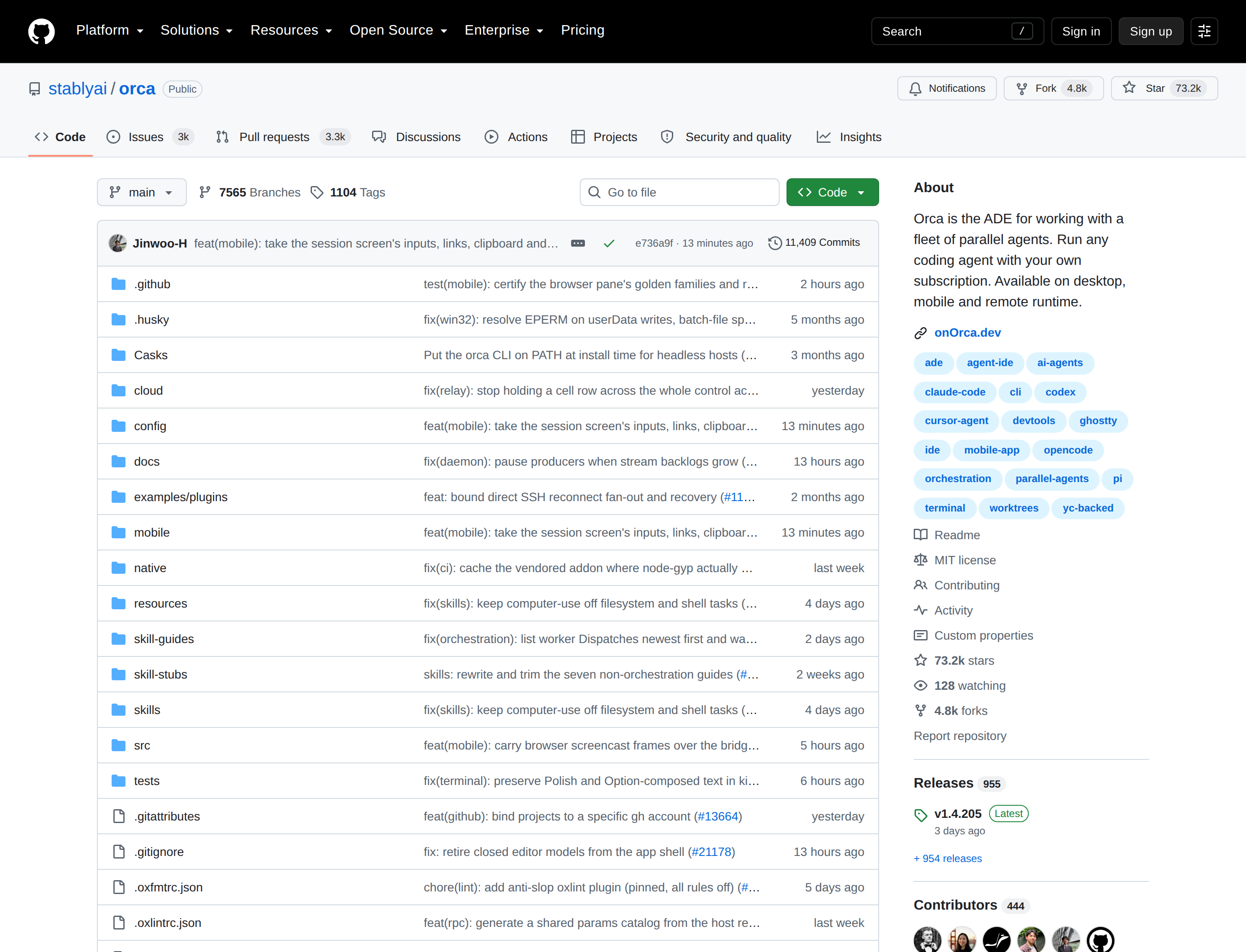 stablyai/orca GitHub 首頁頂部（repo 名 stablyai/orca、Star 數 73.2k、Fork 數 4.8k 與項目描述）