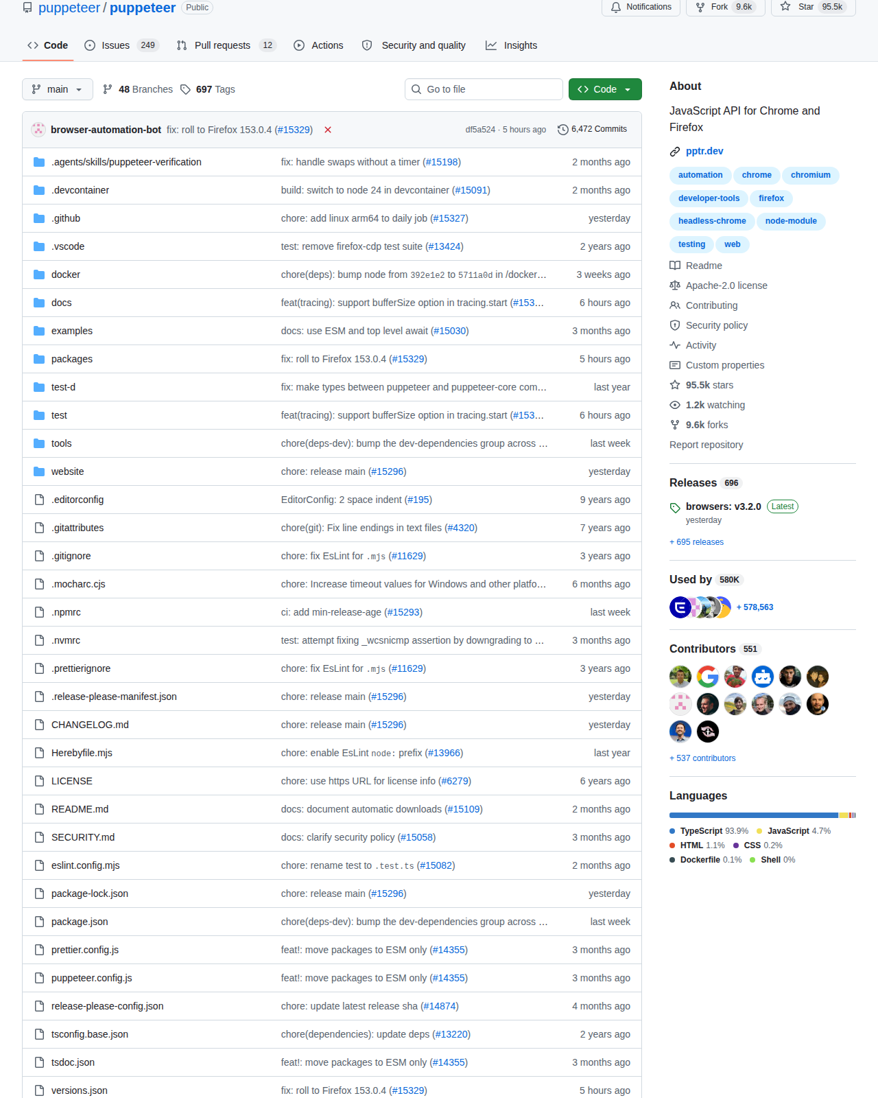 Puppeteer GitHub 儲存庫側欄統計（About 區塊：Stars、Releases、Contributors 與 Languages 資訊）