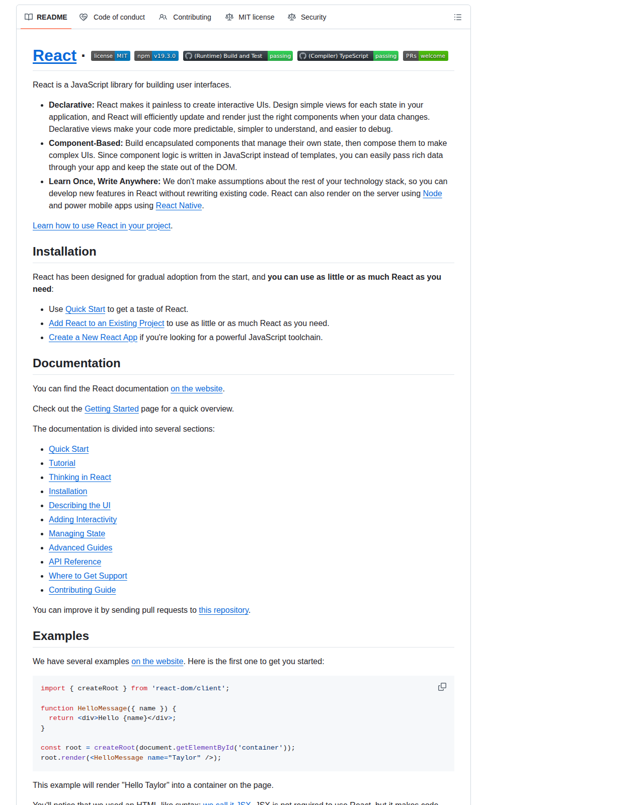 React 的 GitHub 儲存庫 README 開頭，顯示專案名稱 React、宣告「React is a JavaScript library for building user interfaces」以及宣告式、元件化、跨平台三大特性說明