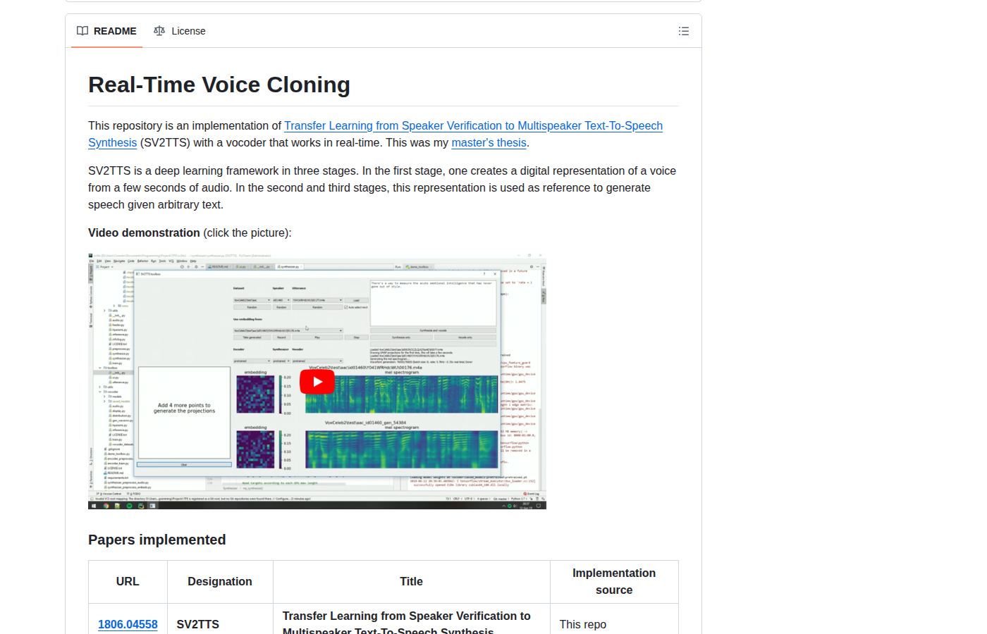 Real-Time-Voice-Cloning README 開頭（項目名稱 + SV2TTS 架構介紹與示範影片）