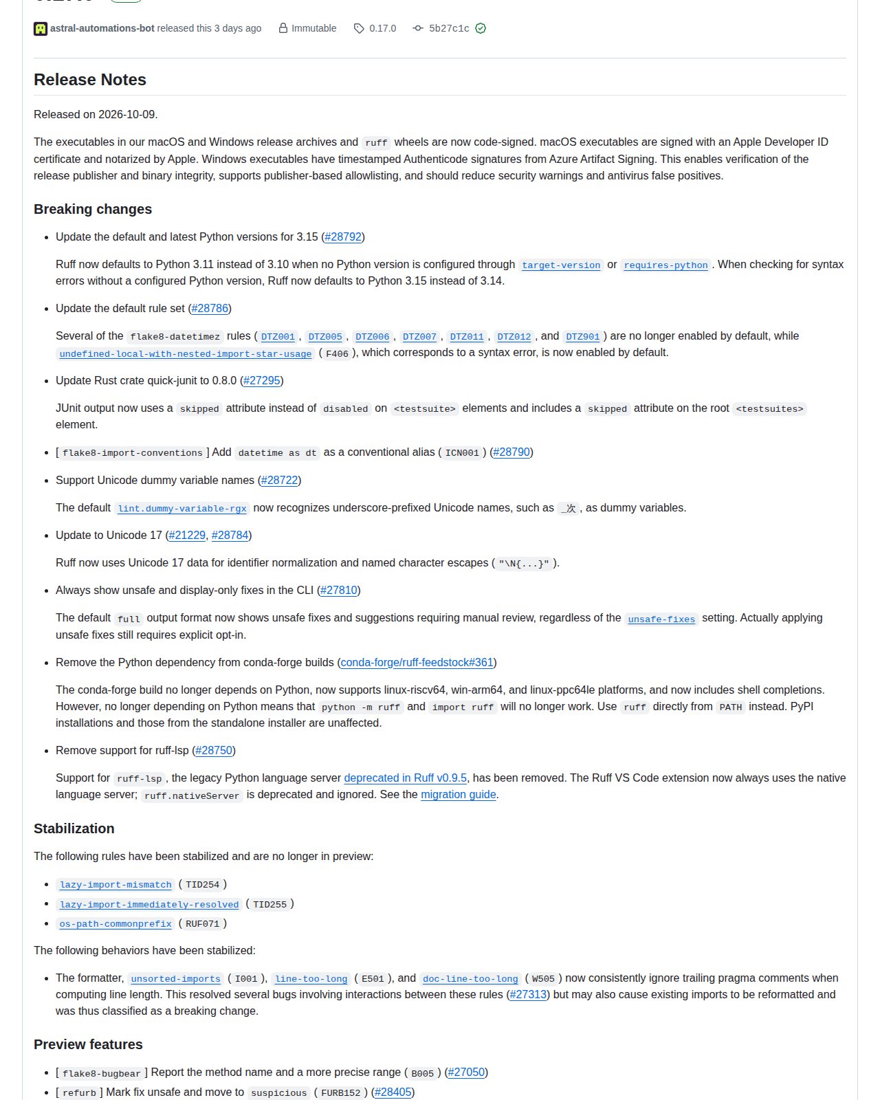 Ruff 專案 0.17.0 的 GitHub 發行頁面，顯示版本標籤、發布日期、程式碼簽章與公證說明，以及破壞性變更、穩定化規則、預覽功能與錯誤修正等章節標題