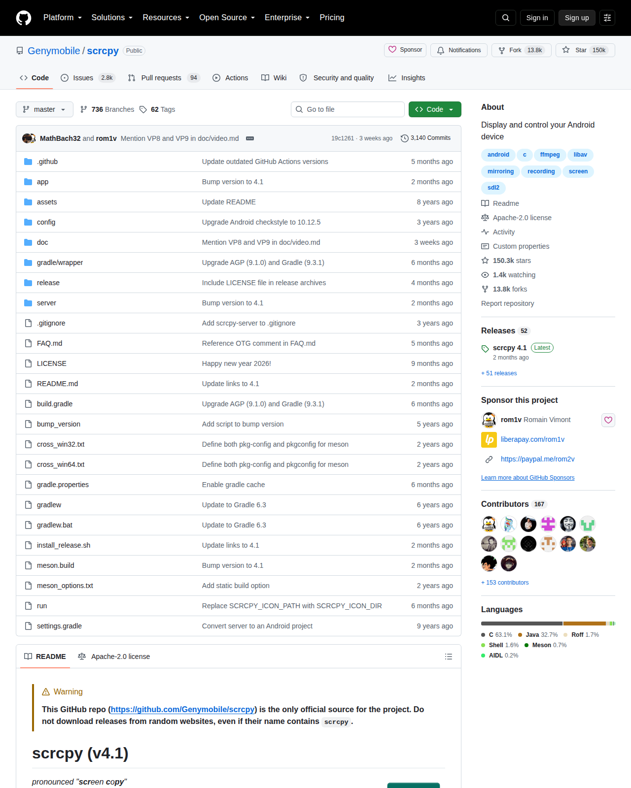 Genymobile/scrcpy GitHub 首頁頂部（儲存庫名稱、Star 數 150k、Fork 數與專案描述）