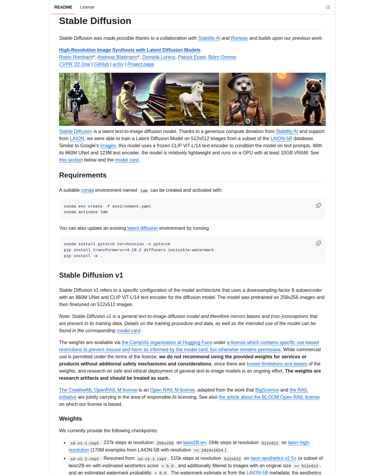 Stable Diffusion README 開頭（項目名稱「Stable Diffusion」+ 論文標題「High-Resolution Image Synthesis with Latent Diffusion Models」+ CVPR 2022 Oral 與 arXiv 連結 + 作者列表）