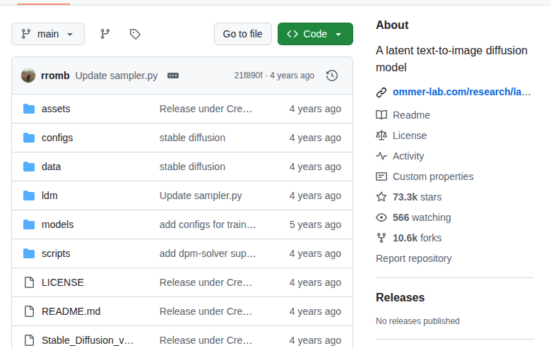 Stable Diffusion GitHub About 側欄統計（About 區塊 + 73.3k stars + 10.6k forks + 官方網站連結 ommer-lab.com）