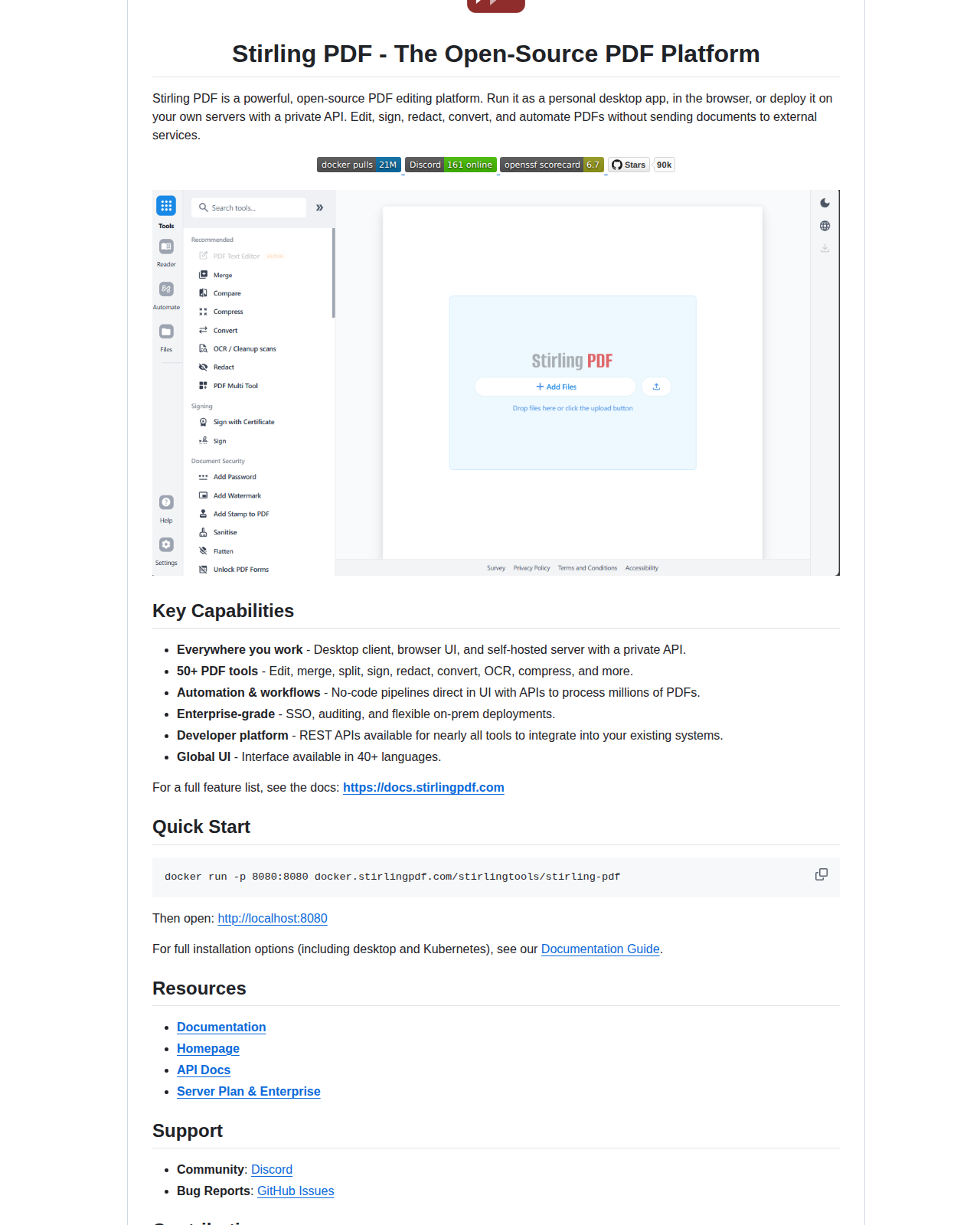 Stirling-PDF README 開頭（項目名稱「Stirling PDF - The Open-Source PDF Platform」+ 簡介「powerful, open-source PDF editing platform」+ Docker Pulls 與 Discord 等徽章）