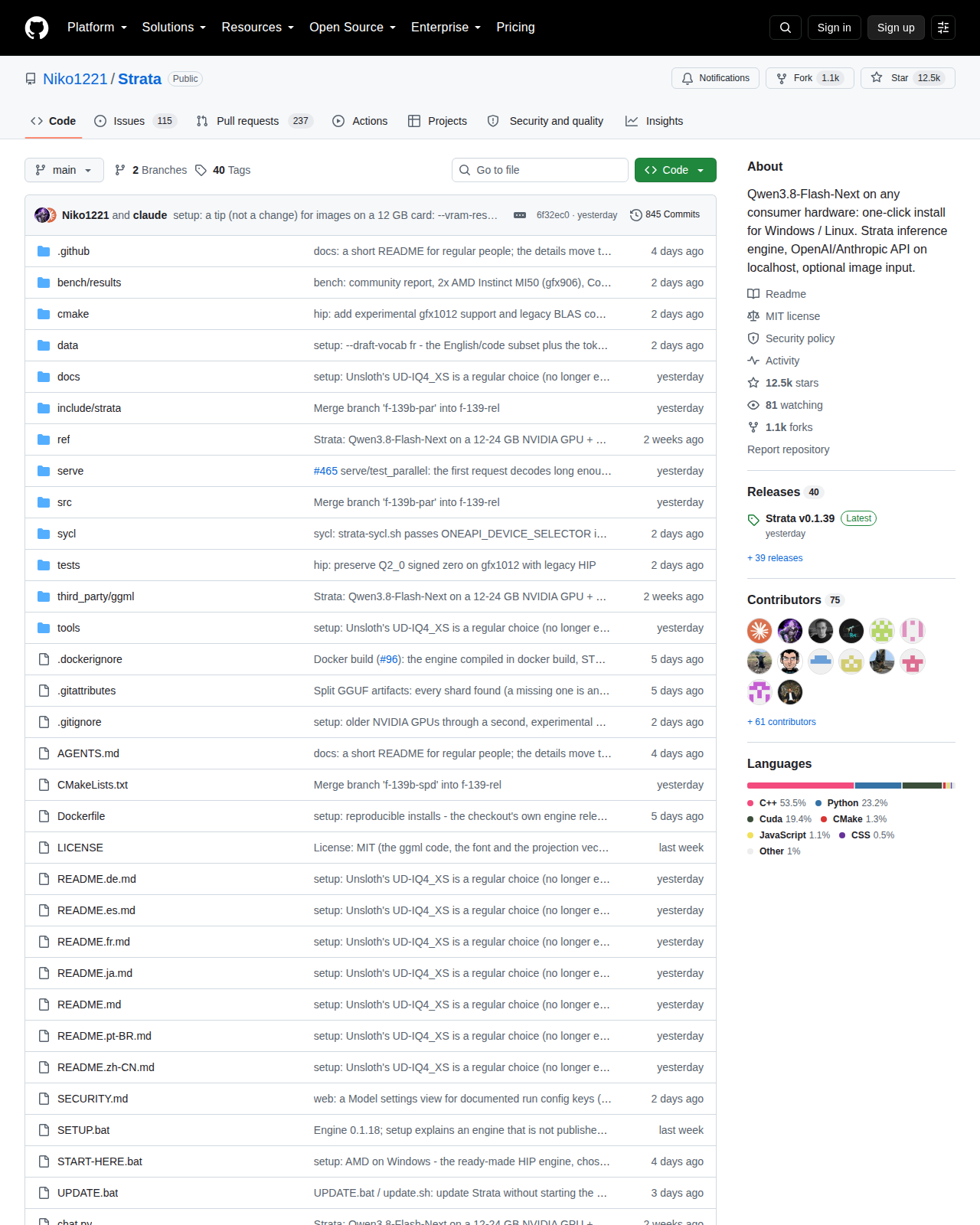 Strata 的 GitHub 儲存庫首頁頂部，顯示專案名稱 Niko1221/Strata、主要語言 C++、星標數 12,526 與專案描述