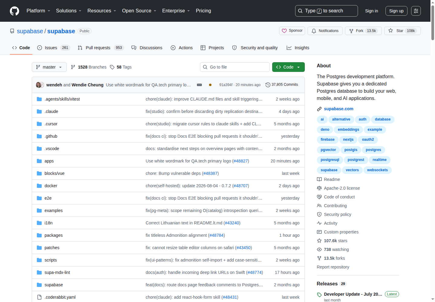 Supabase GitHub 主頁（repo 名 + 108k stars + 項目描述）