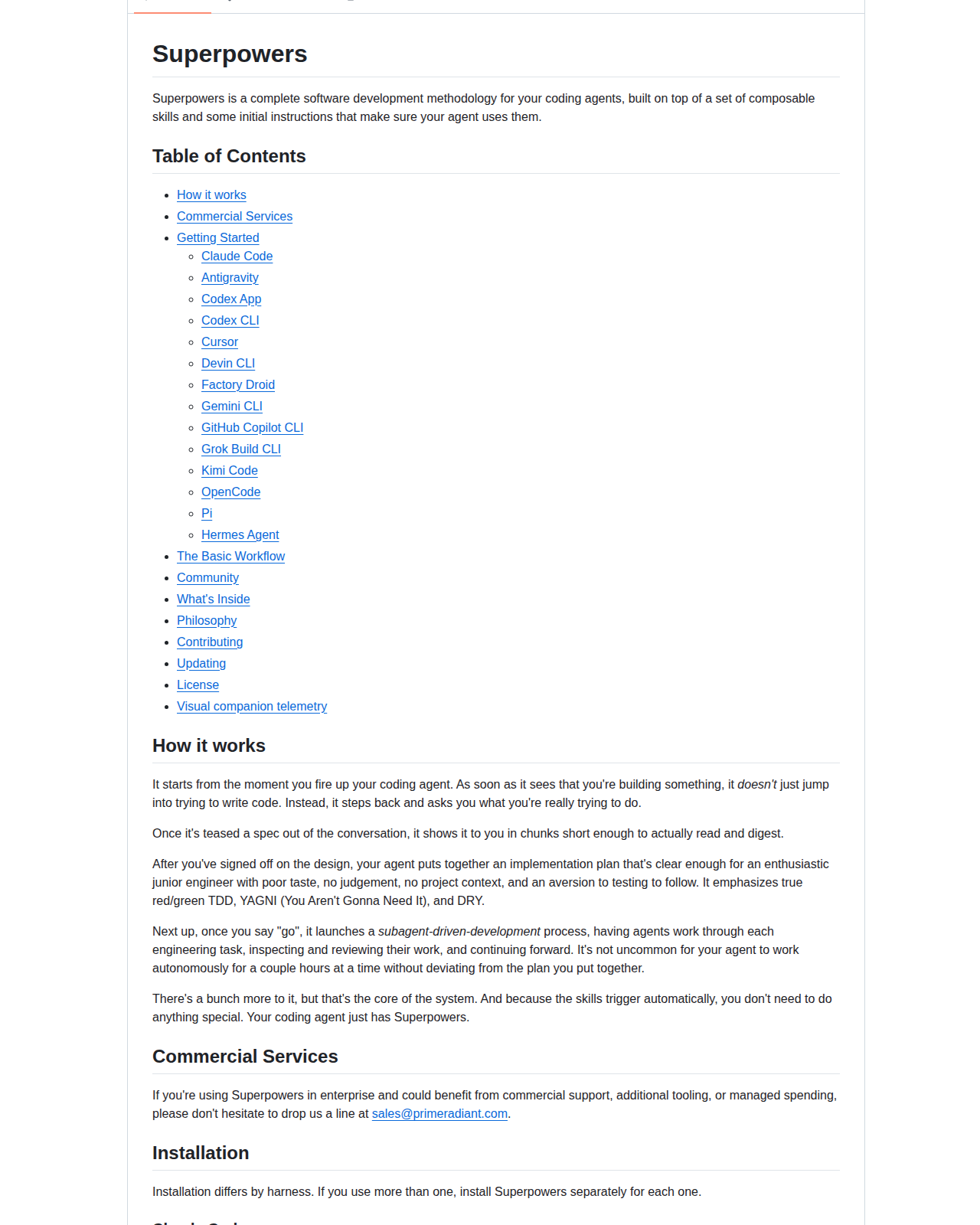 Superpowers README 開頭（項目名稱與標語，說明其為一套編碼代理的完整軟體開發方法論）