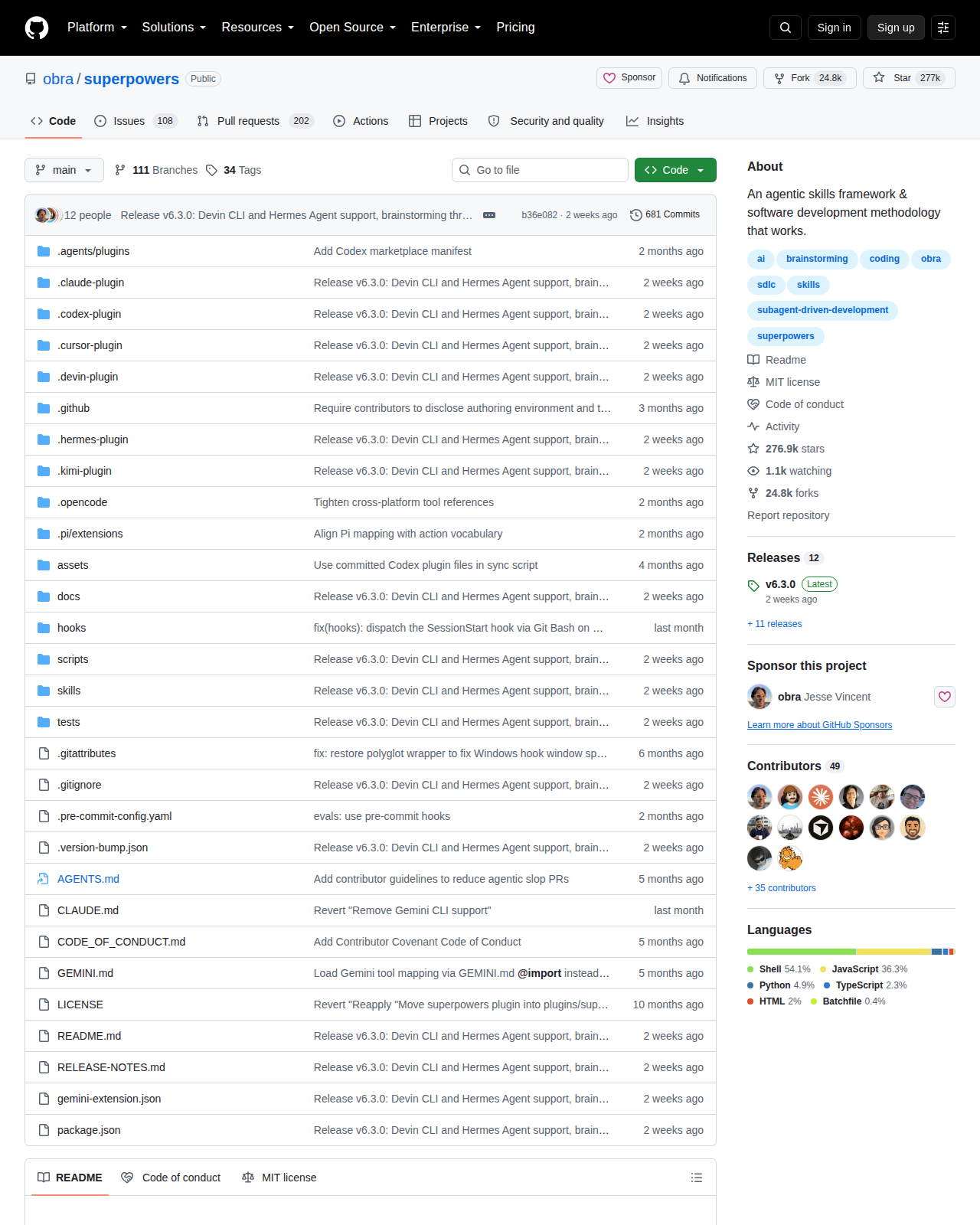 Superpowers GitHub 首頁頂部（repo 名 + Star 數 27.7 萬 + Fork 數 24.8 萬 + 項目描述）