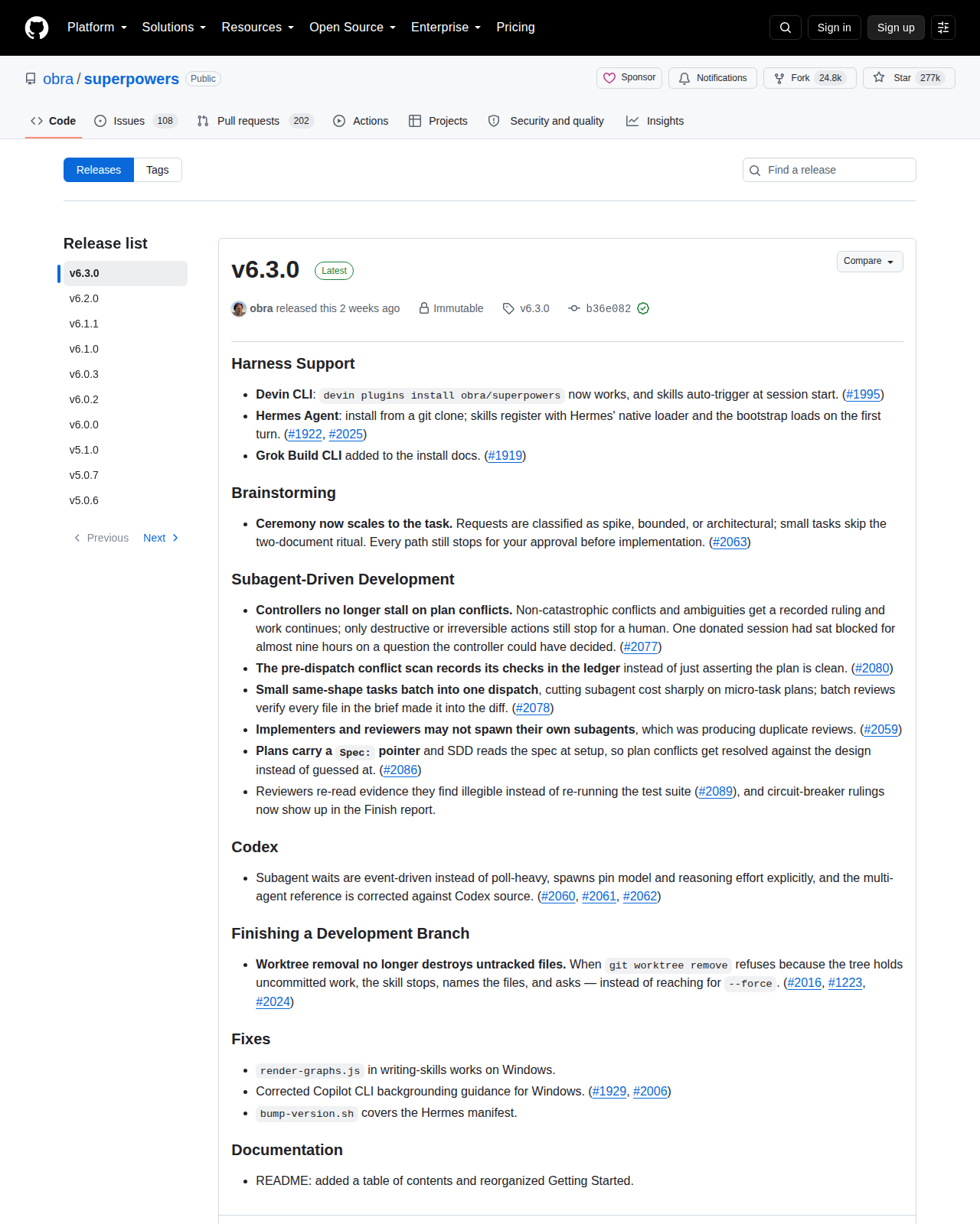 Superpowers Releases 統計頁（repo 名 + Star 數 + v6.3.0 發布紀錄與版本列表）