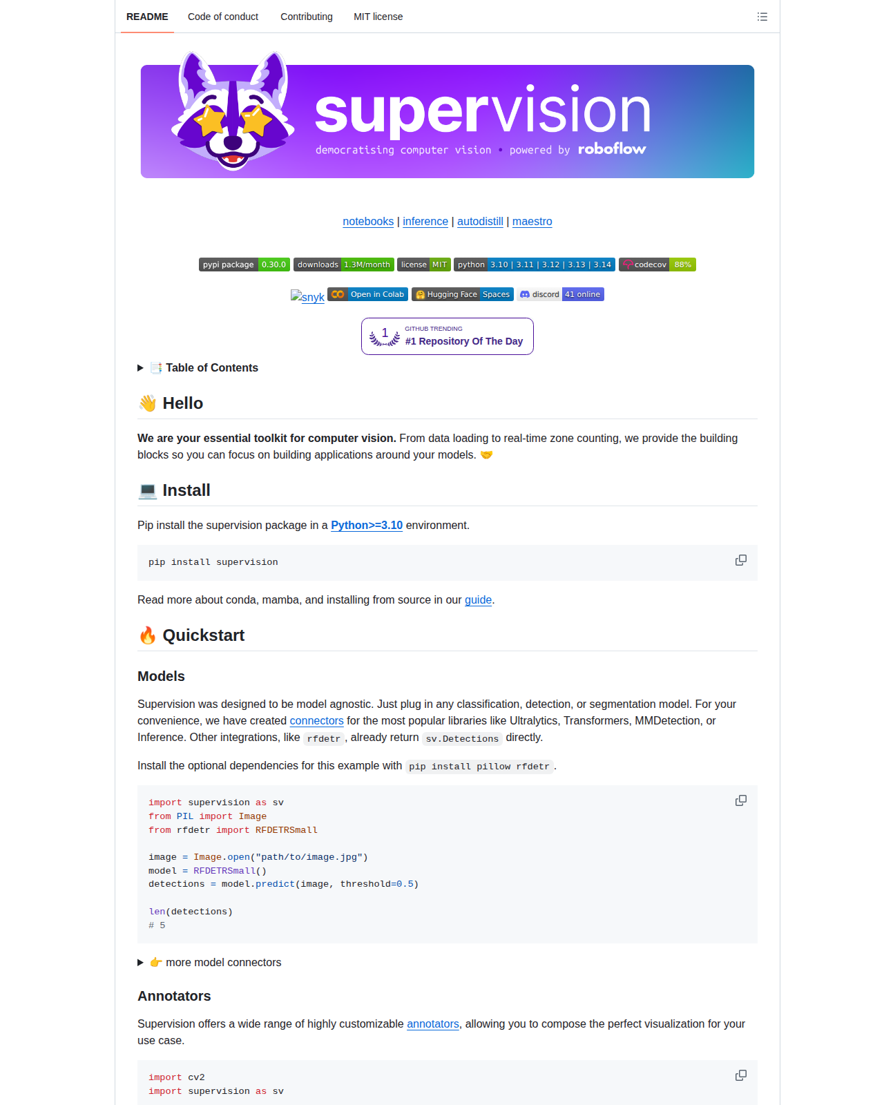 supervision GitHub Contributors 統計頁（顯示 roboflow/supervision 的活躍開發動態與主要貢獻者，體現項目的社群協作與持續維護狀態）