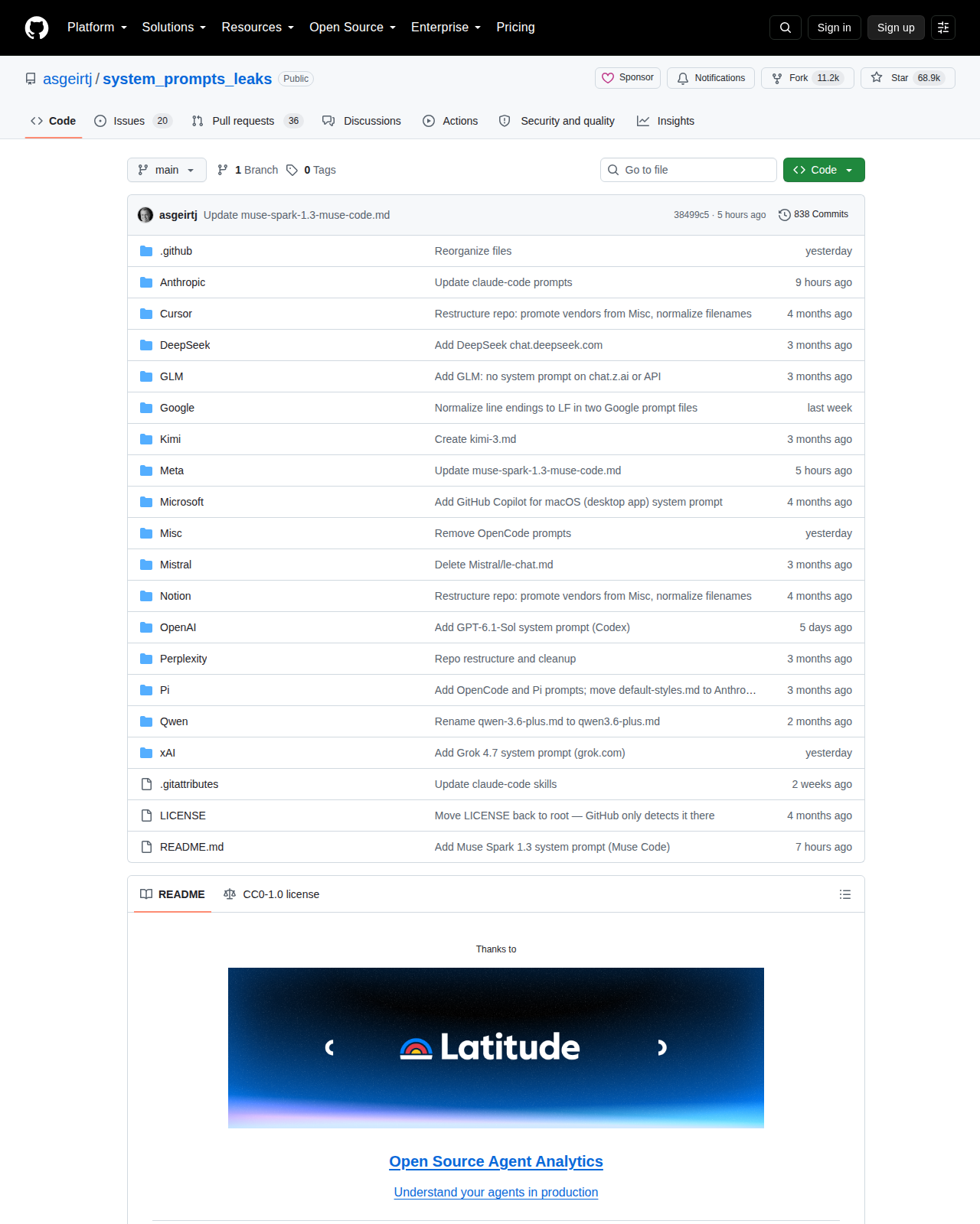 System Prompts Leaks 的 GitHub 儲存庫首頁頂部，顯示專案名稱 asgeirtj/system_prompts_leaks、68.9k 星標、11.2k 複製次數與 838 次提交紀錄