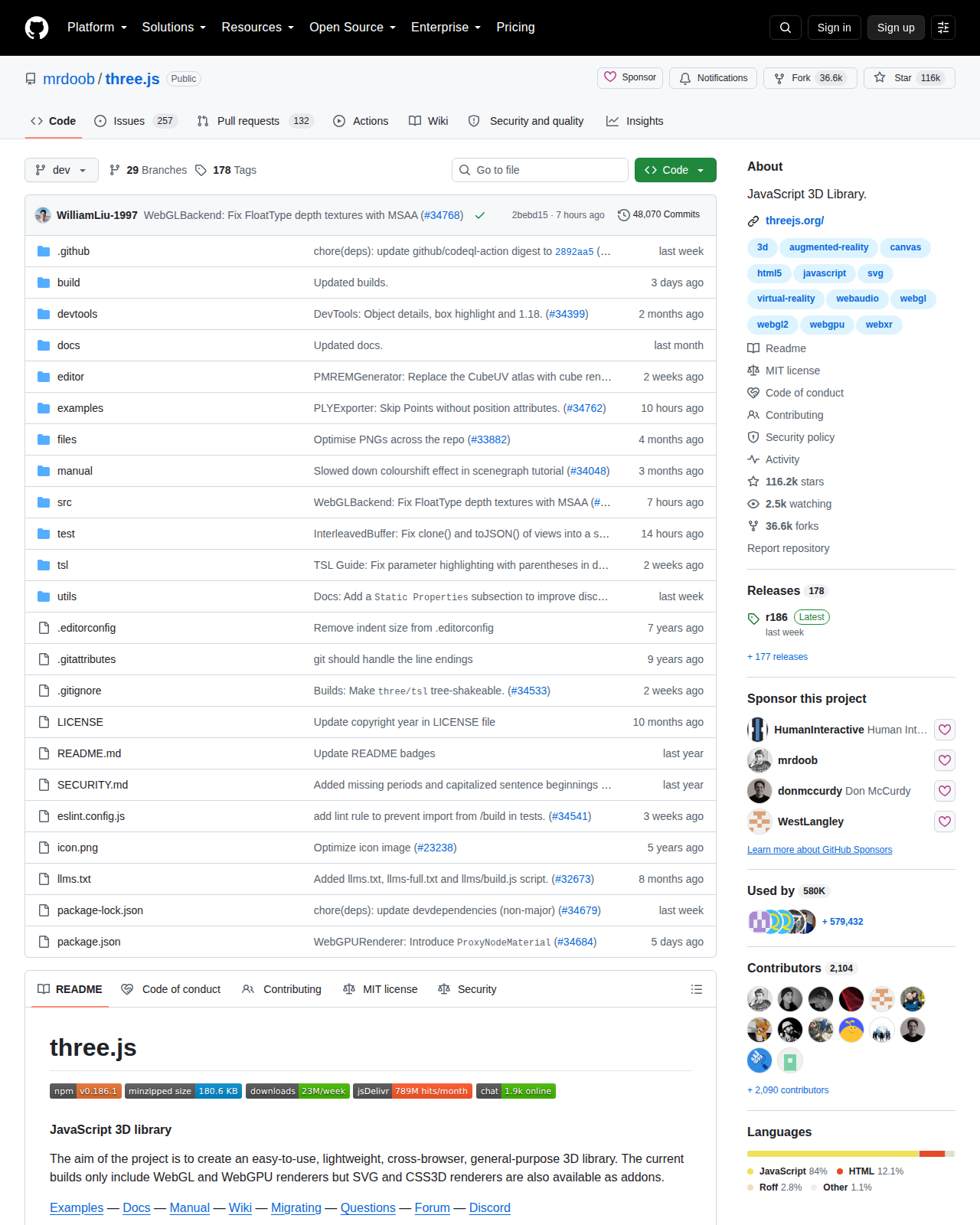 three.js 的 GitHub 儲存庫首頁頂部，顯示專案名稱 mrdoob/three.js、副標題 JavaScript 3D Library、主要語言 JavaScript、星標數與 MIT 授權標示
