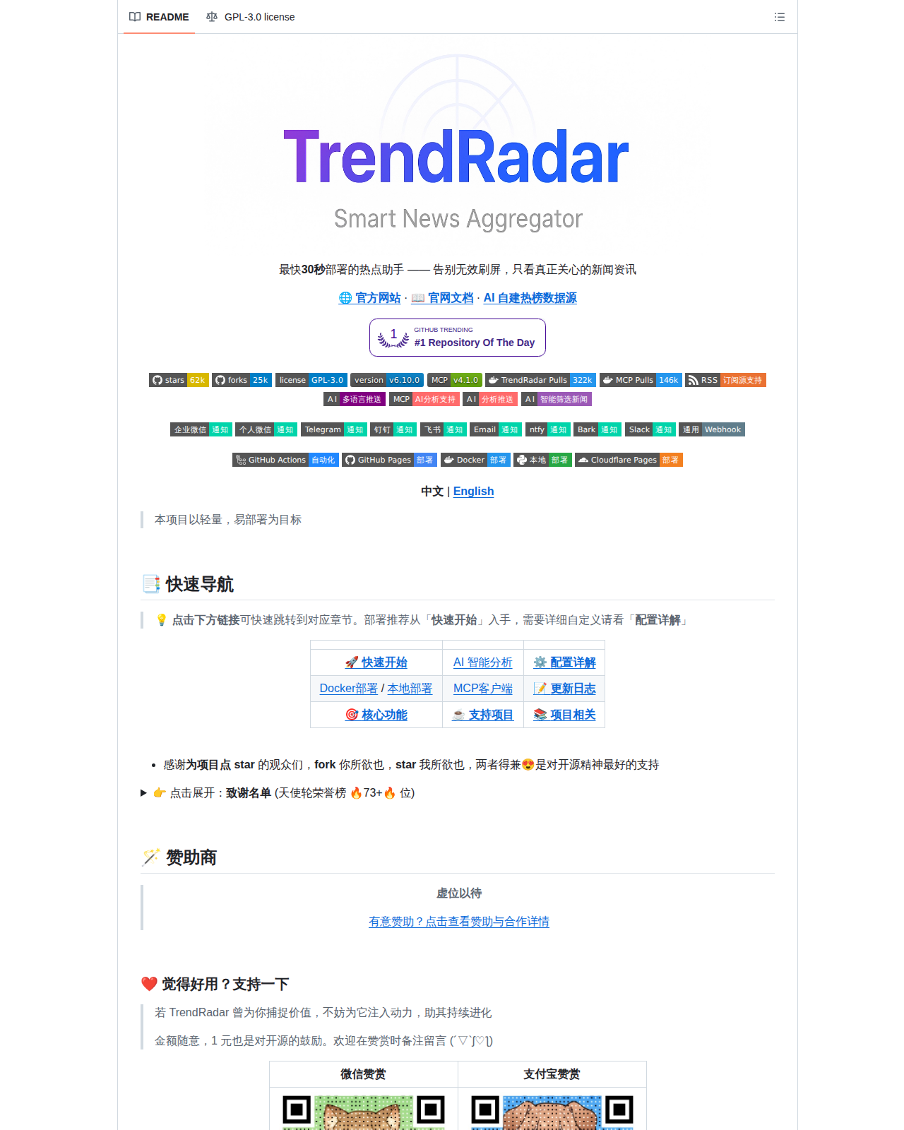 TrendRadar README 開頭（項目名稱 TrendRadar 大字標題、標語「最快 30 秒部署的熱點助手」與多平台徽章列）