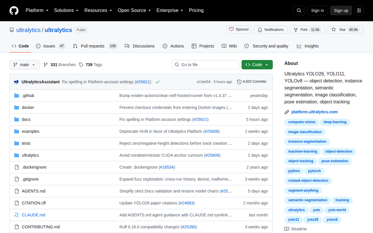 Ultralytics YOLO GitHub 首頁頂部（repo 名稱 ultralytics/ultralytics + 60.6k Star + 11.6k Fork + 描述與 About 側欄）