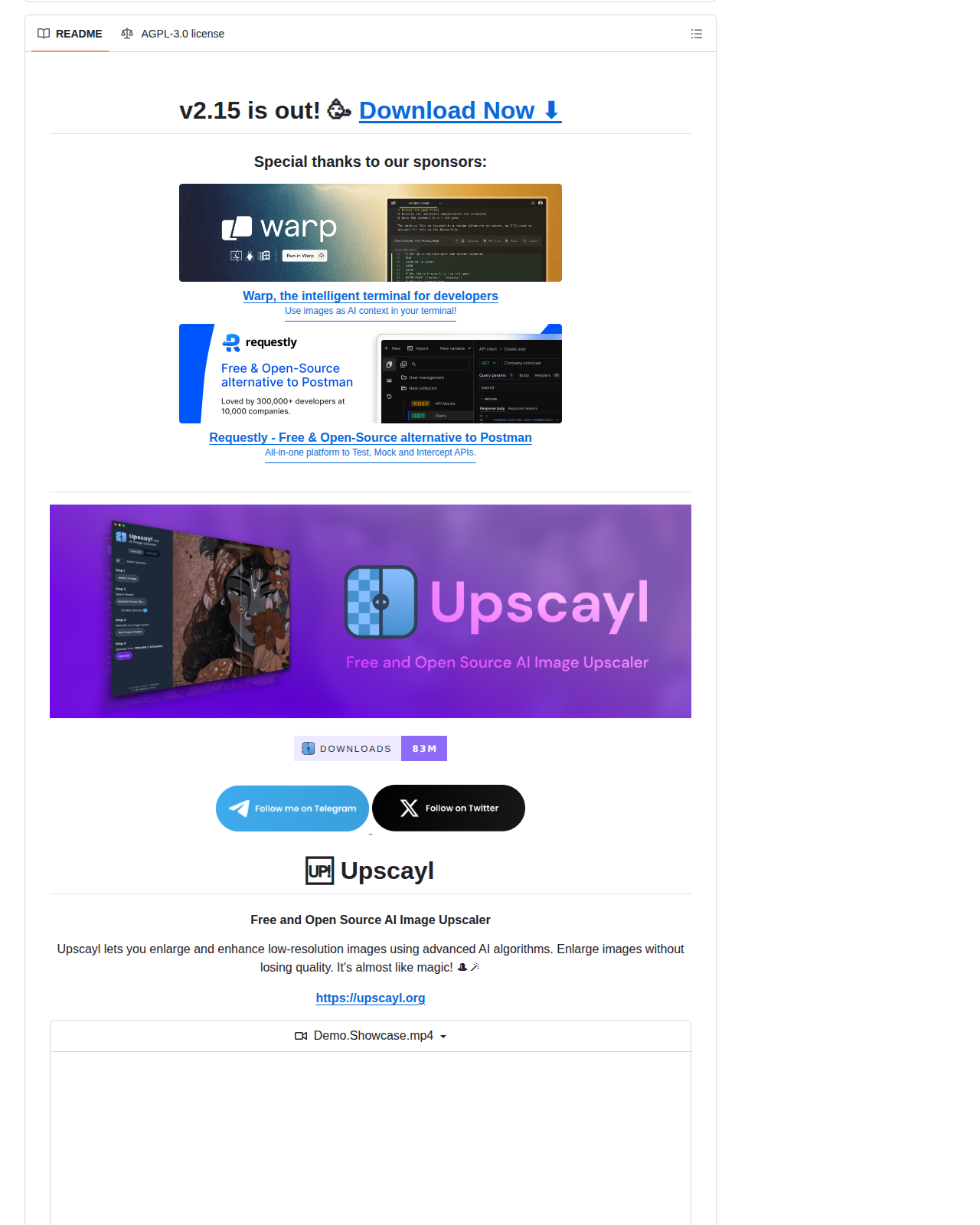 Upscayl 專案的 README 開頭，顯示專案名稱 Upscayl、v2.15 版本發佈公告與贊助商標示