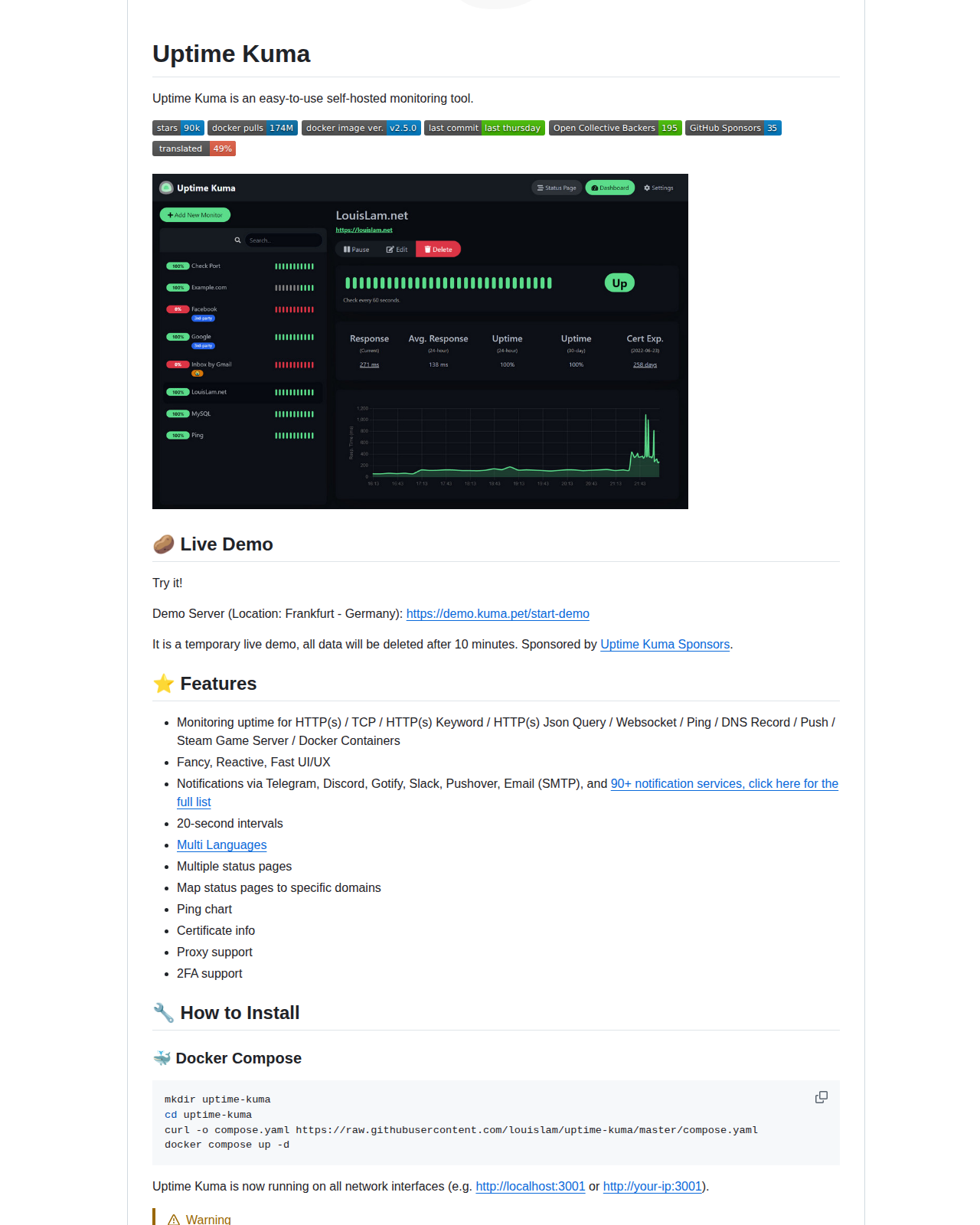 Uptime Kuma README 開頭（項目名稱「Uptime Kuma」+ 標語「A fancy self-hosted monitoring tool」+ Docker Pulls、版本與贊助等徽章）