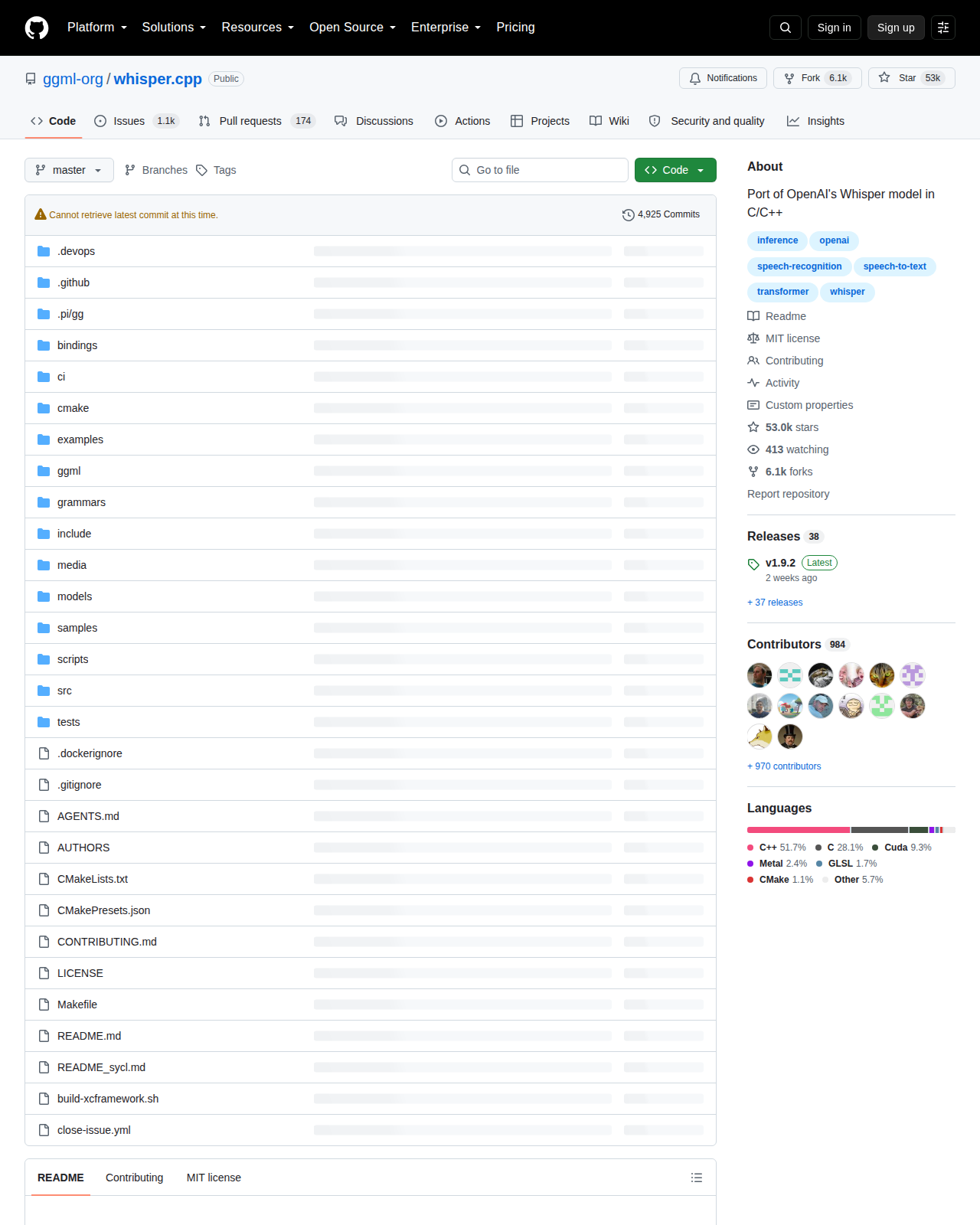 whisper.cpp GitHub 首頁頂部（repo 名稱「ggml-org / whisper.cpp」+ 53k 星標 + 6.1k Forks + 描述「Port of OpenAI's Whisper model in C/C++」+ C++ 主要語言 + MIT 授權 + 984 位貢獻者 + v1.9.2 最新版本資訊）