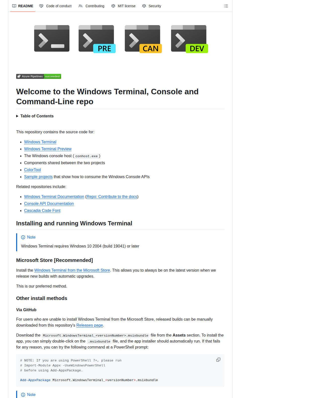 Windows Terminal README 開頭(專案名稱與標題「Welcome to the Windows Terminal, Console and Command-Line repo」,以及安裝說明段落)