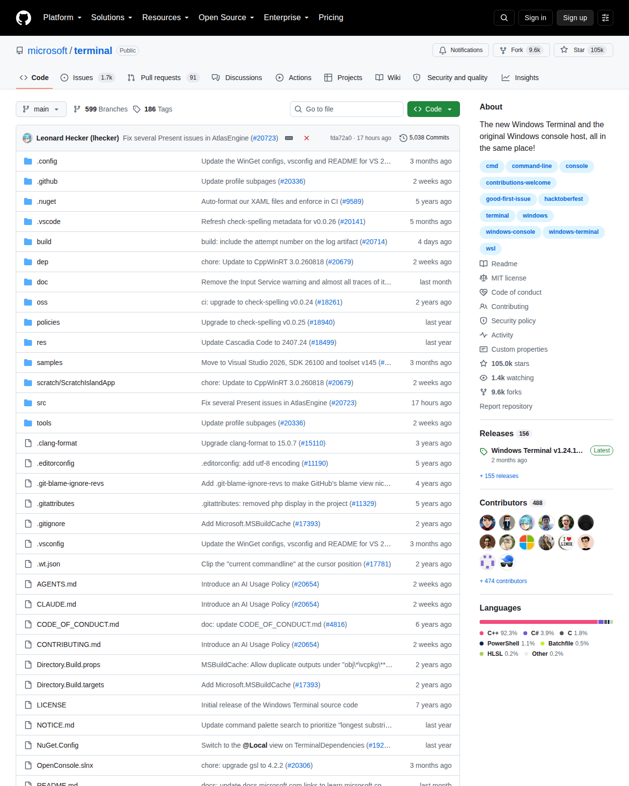 microsoft/terminal GitHub 儲存庫頁面頂部(儲存庫名稱 microsoft/terminal、星標數 105k、描述與語言統計)