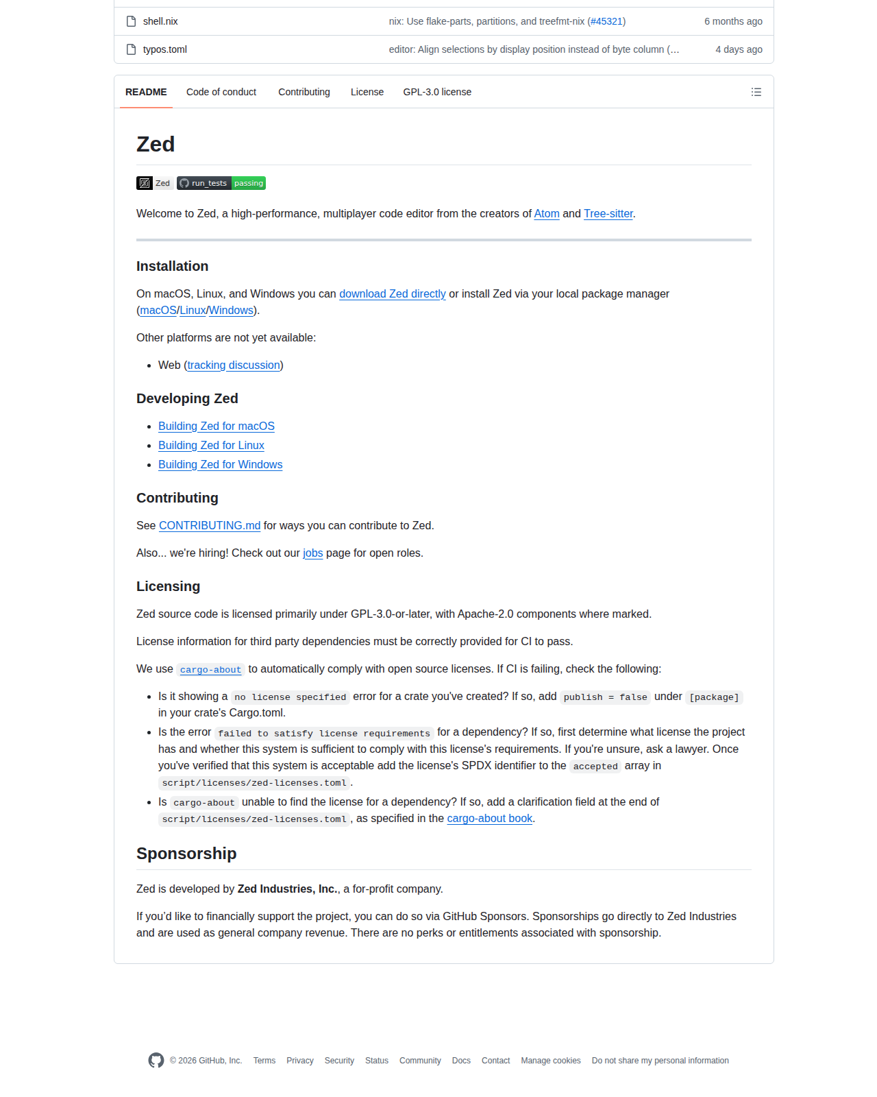 Zed README 開頭截圖（項目名稱 Zed 大字 + 描述，由 Atom 與 Tree-sitter 創辦人打造的多人協作編輯器）