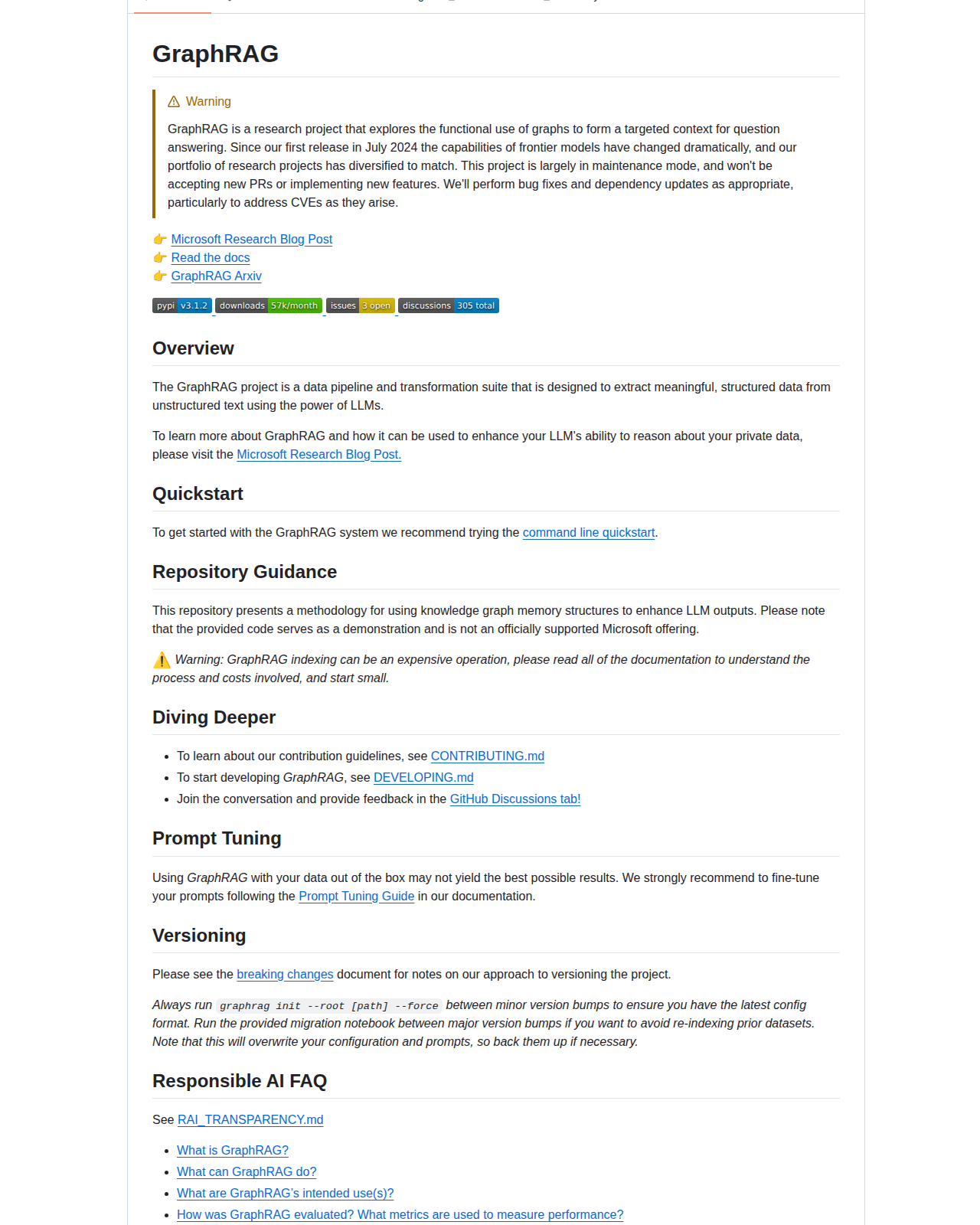 GraphRAG README 開頭（項目名稱與維護模式警告）