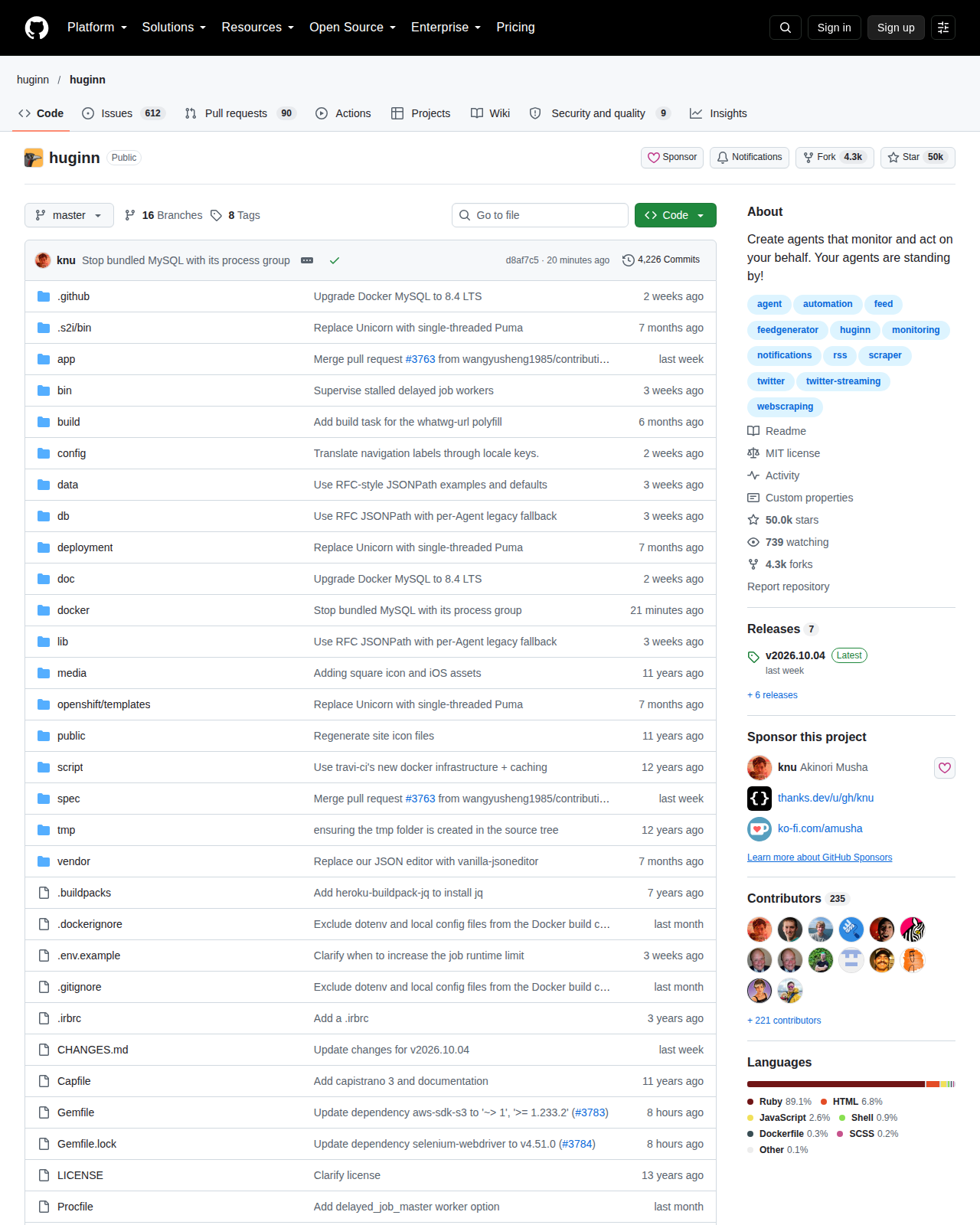 Huginn 的 GitHub 儲存庫首頁頂部,顯示儲存庫名稱 huginn/huginn、專案描述「Create agents that monitor and act on your behalf」與累積星標數字