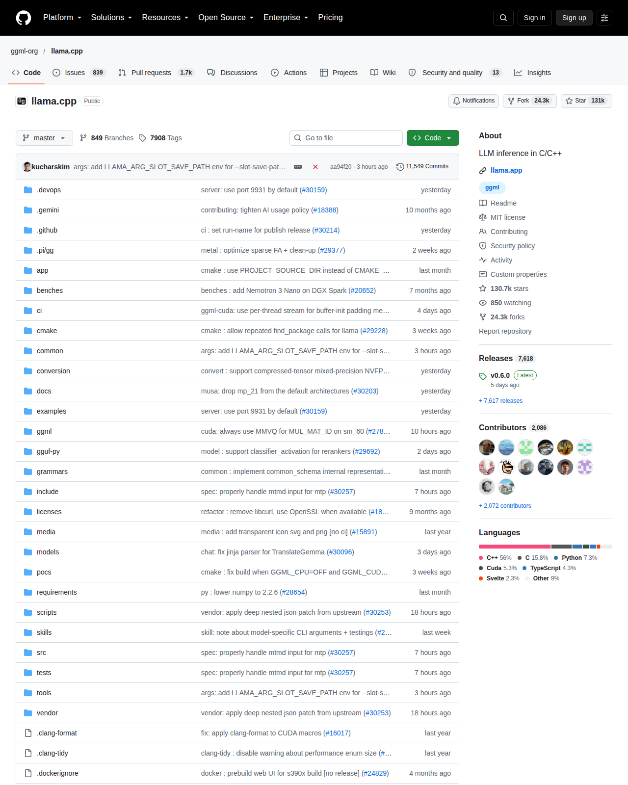 llama.cpp 的 GitHub 儲存庫首頁頂部，顯示儲存庫名稱 ggml-org/llama.cpp、專案描述「LLM inference in C/C++」與累積星標數字