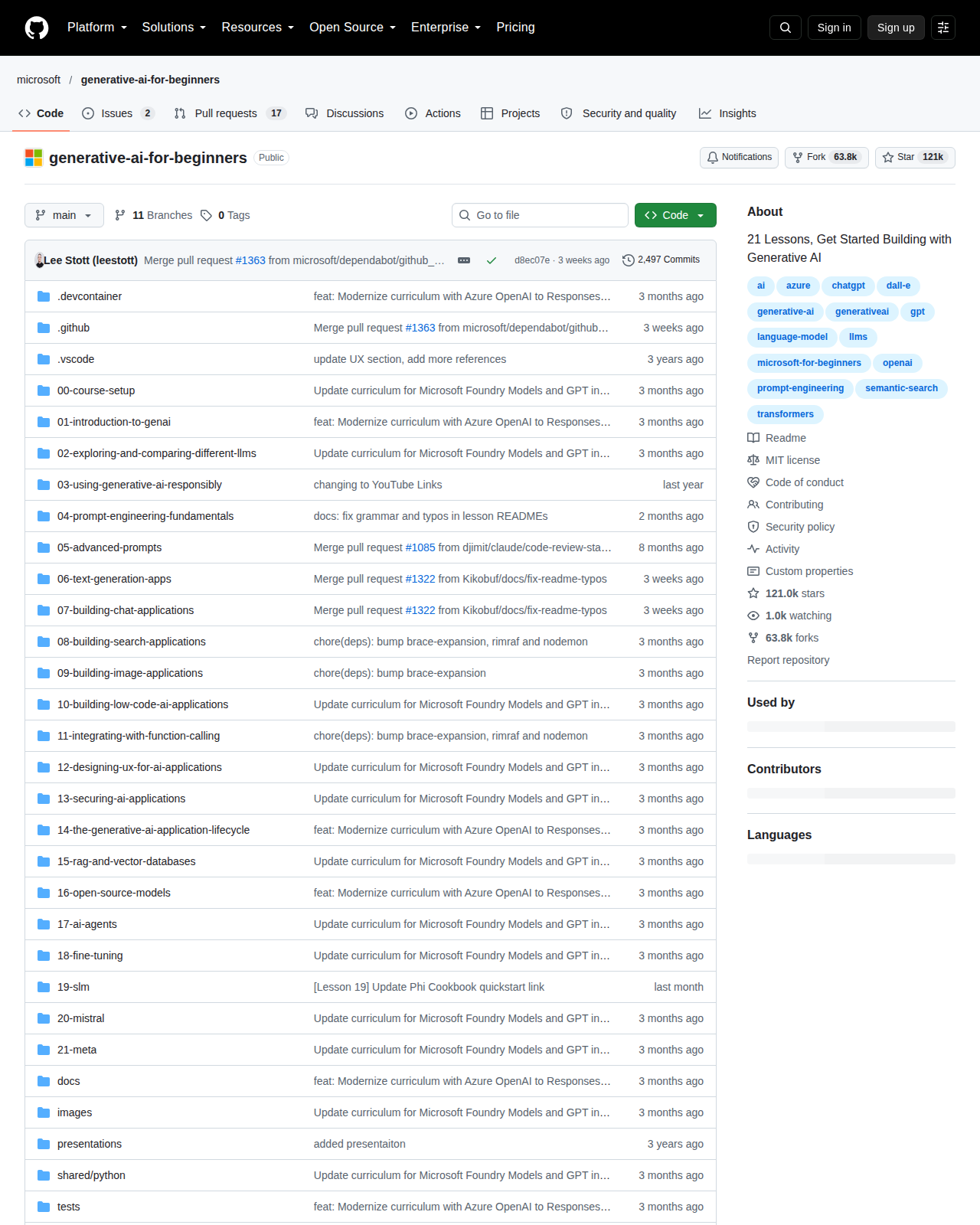 微軟 Generative AI for Beginners GitHub 首頁頂部（儲存庫名稱 microsoft/generative-ai-for-beginners、12.1 萬星標數字與專案描述）