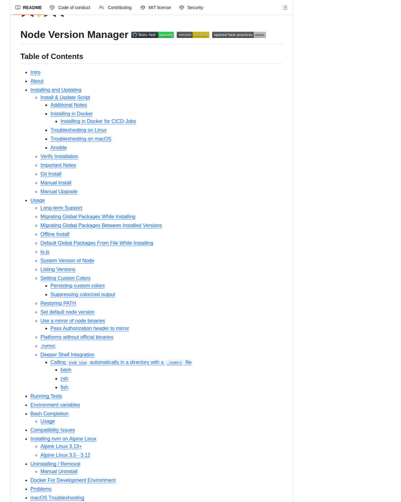 nvm README 開頭(Node Version Manager 標題、專案標誌與章節目錄)