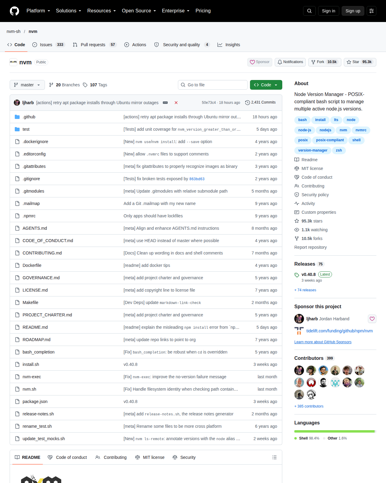 nvm GitHub 首頁頂部(儲存庫名稱 nvm-sh/nvm、95.3k 星標數字與專案描述)