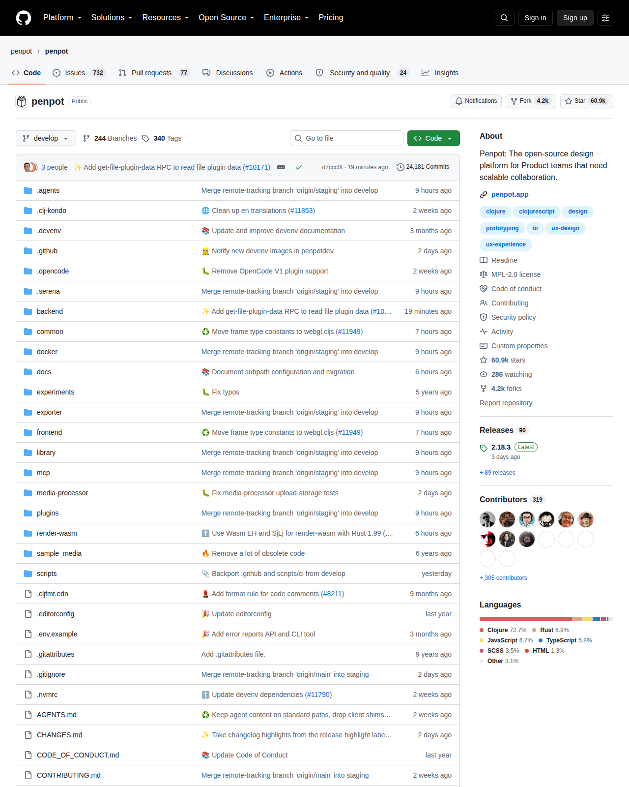 Penpot 的 GitHub 儲存庫首頁頂部，顯示儲存庫名稱 penpot/penpot、專案描述「Penpot: The open-source design platform for Product teams that need scalable collaboration」與頁面頂部的星標數字