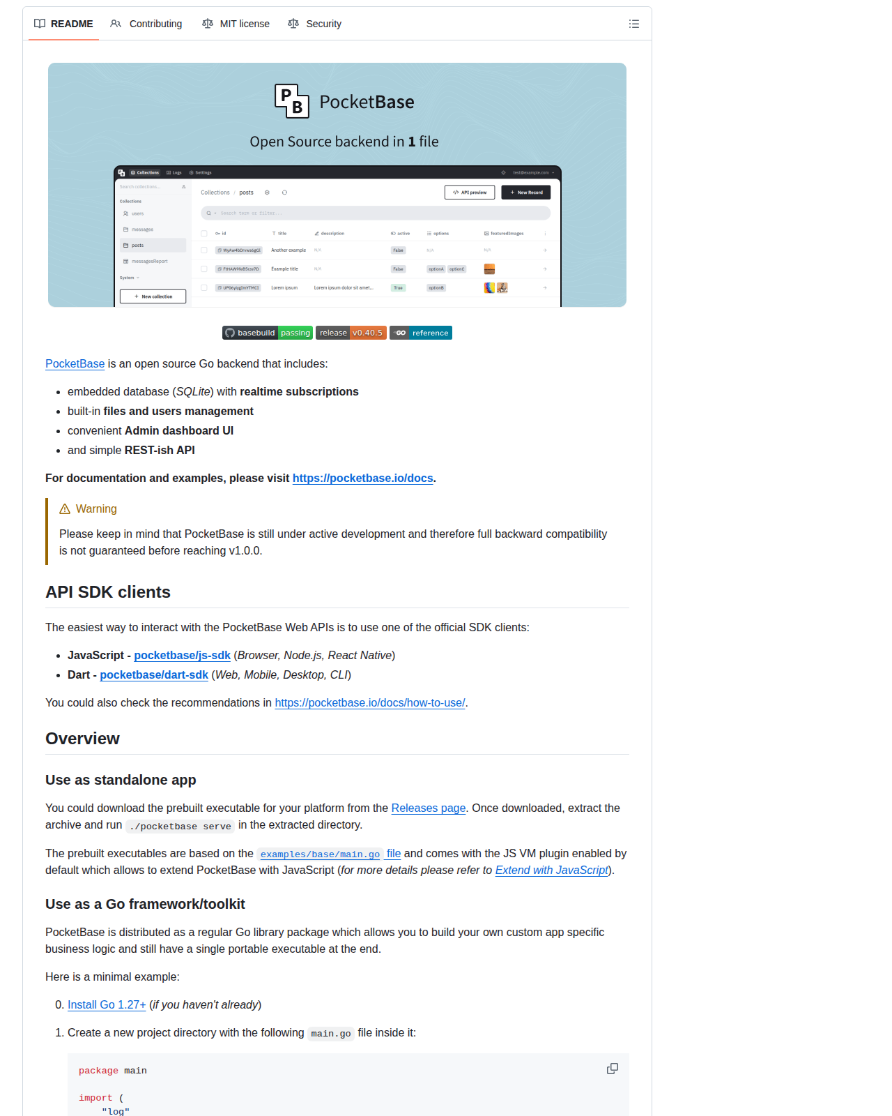 PocketBase 的 GitHub 儲存庫 README 開頭，顯示專案標誌與「PocketBase — open source backend in 1 file」的定位橫幅，下方列出內嵌 SQLite 資料庫、即時訂閱、檔案與使用者管理、管理後台 UI，以及簡潔 REST 風格 API 等核心能力說明