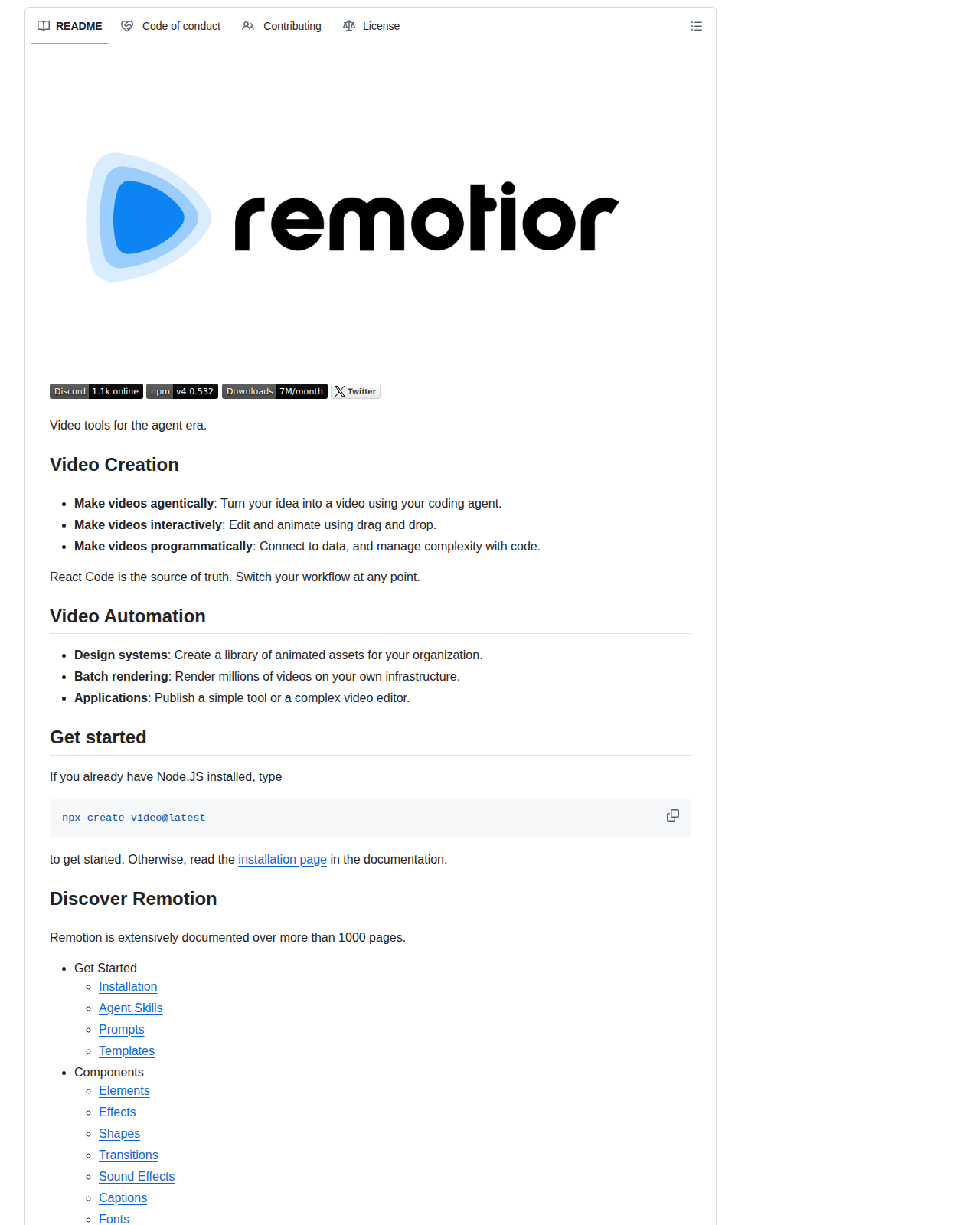 Remotion 專案 README 開頭，顯示專案名稱 Remotion、標語 Video tools for the agent era，以及 Video Creation 與 Video Automation 兩大功能分類