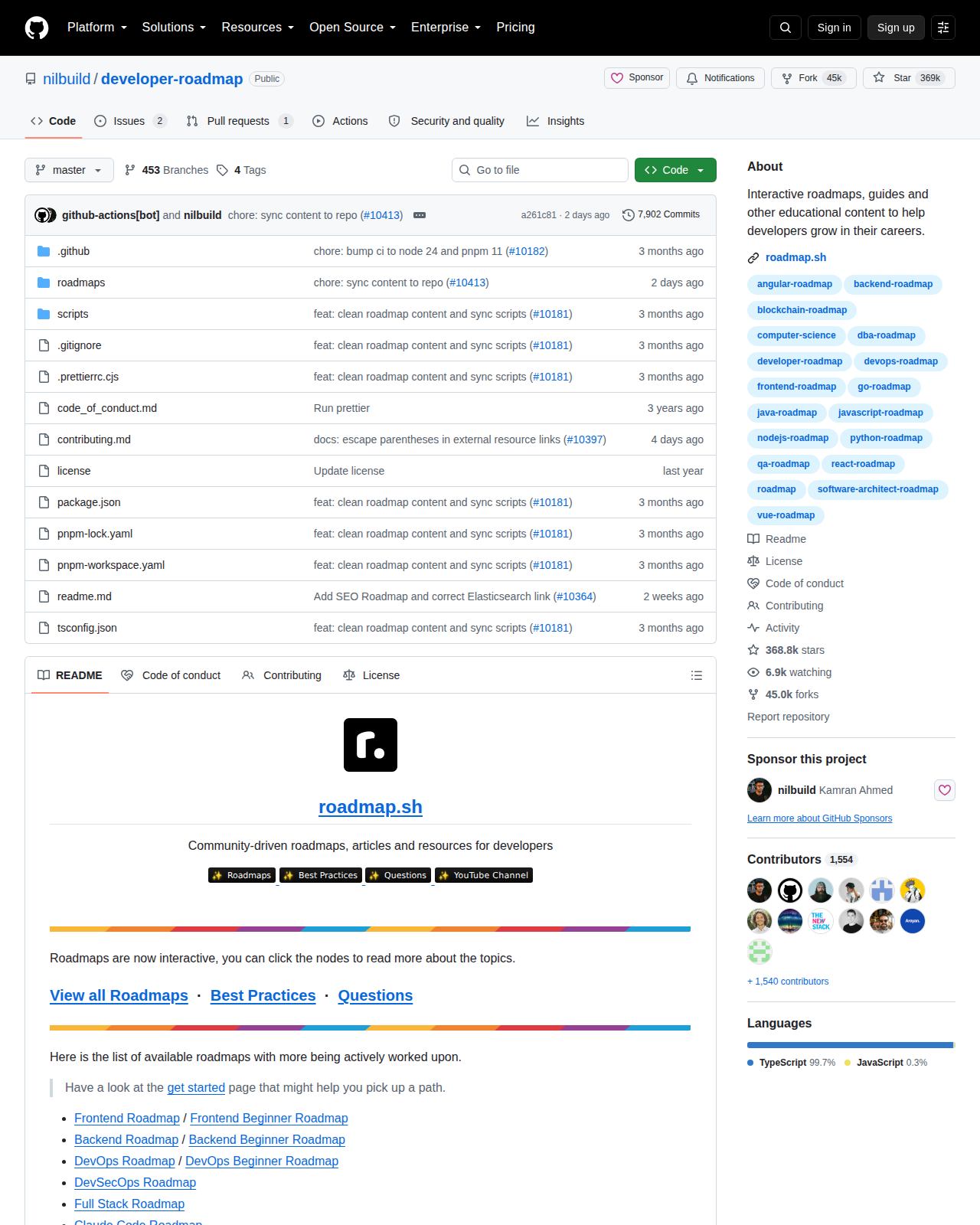 roadmap.sh 的 GitHub 儲存庫首頁頂部,顯示倉庫名稱 nilbuild/developer-roadmap、星標數、複製數、主要語言 TypeScript,以及右側的 Releases、Contributors 與 Languages 統計