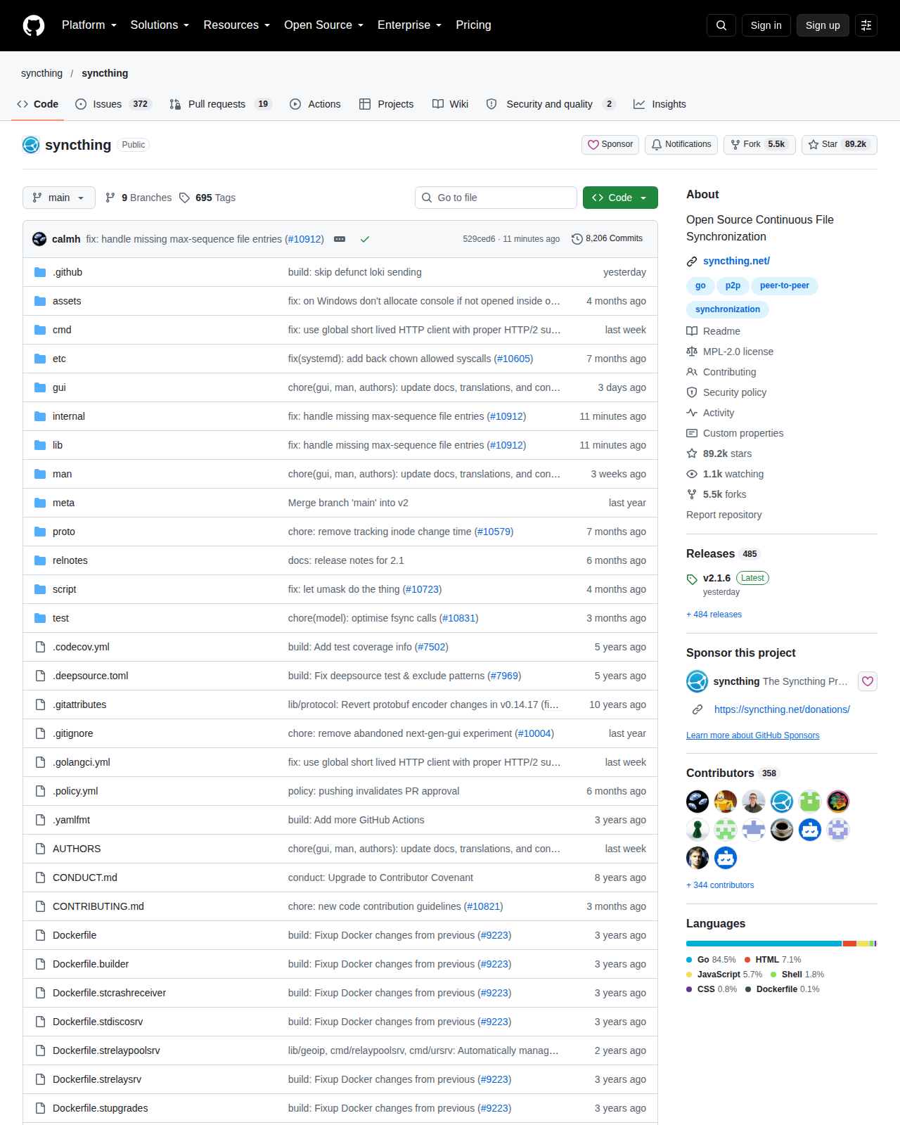 Syncthing GitHub 首頁頂部（儲存庫名稱、8.9 萬星標數字與專案描述）