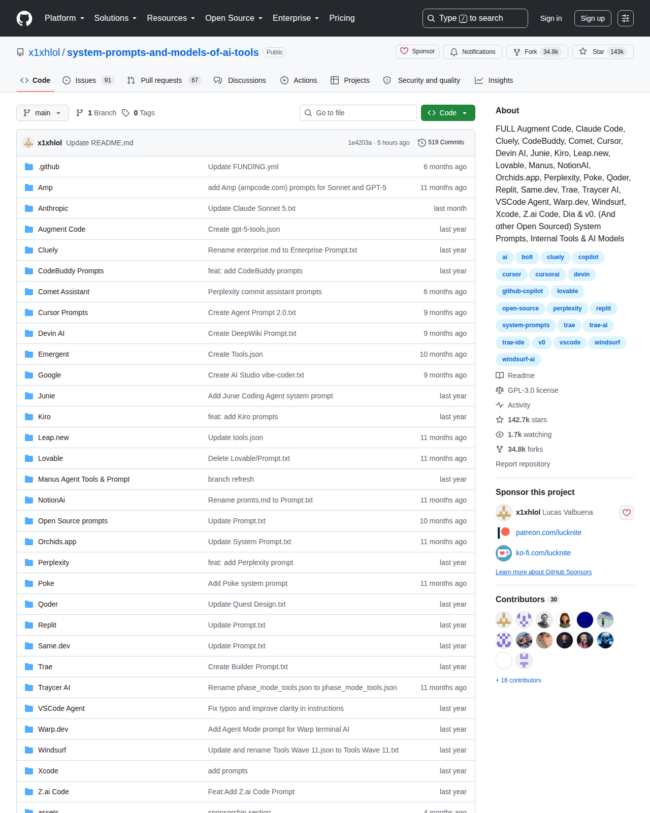 system-prompts-and-models-of-ai-tools GitHub 首頁頂部（repo 名 + Star 143k 按鈕 + 描述列出超過 25 個 AI 工具名稱 + 34.8k 復刻數）
