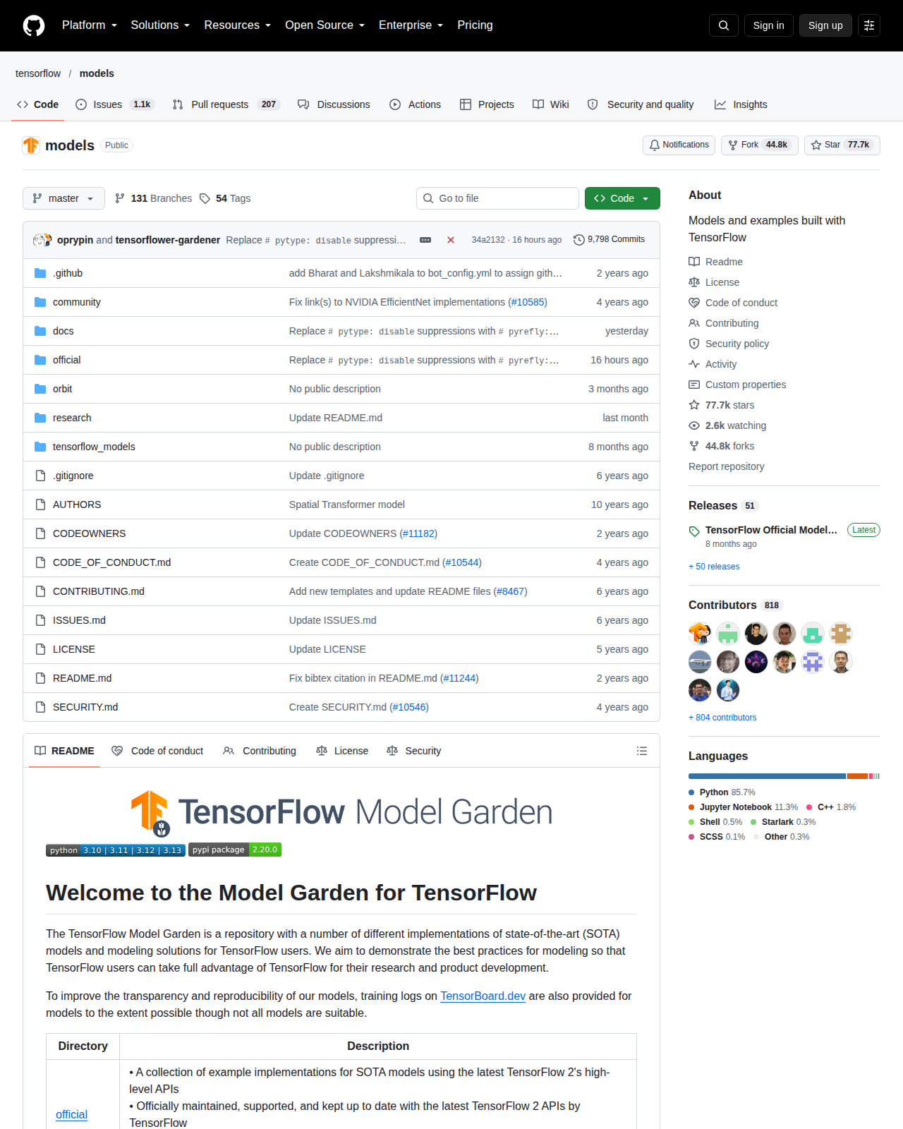 TensorFlow Model Garden GitHub 首頁頂部（儲存庫名稱、7.7 萬星標數字與專案描述）