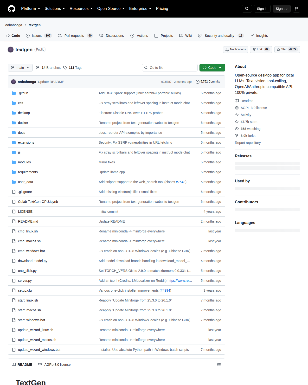 TextGen GitHub 首頁頂部（儲存庫名稱 oobabooga/textgen、星標數與專案描述）