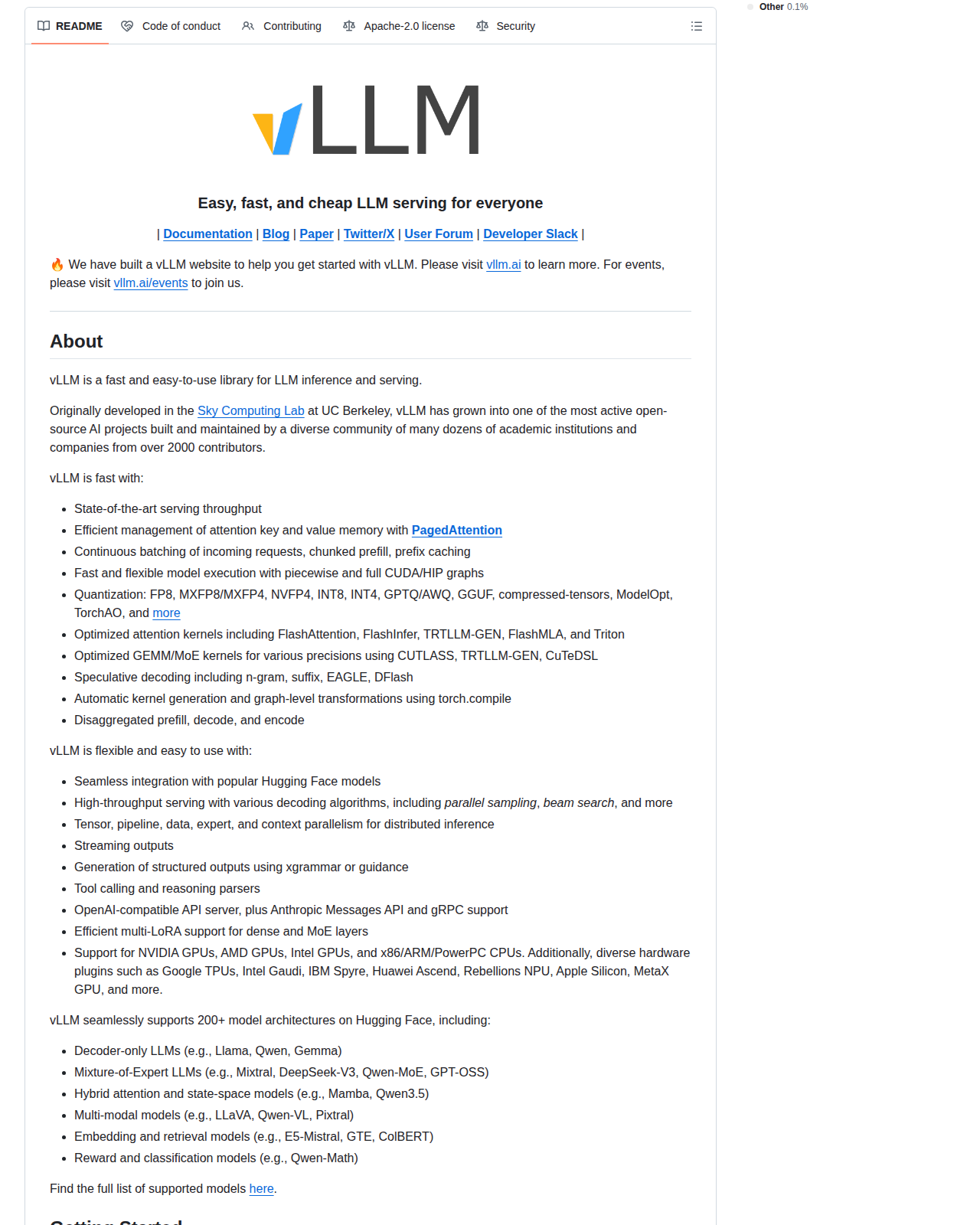 vLLM README 開頭（項目名稱、標語「Easy, fast, and cheap LLM serving for everyone」與官方連結）