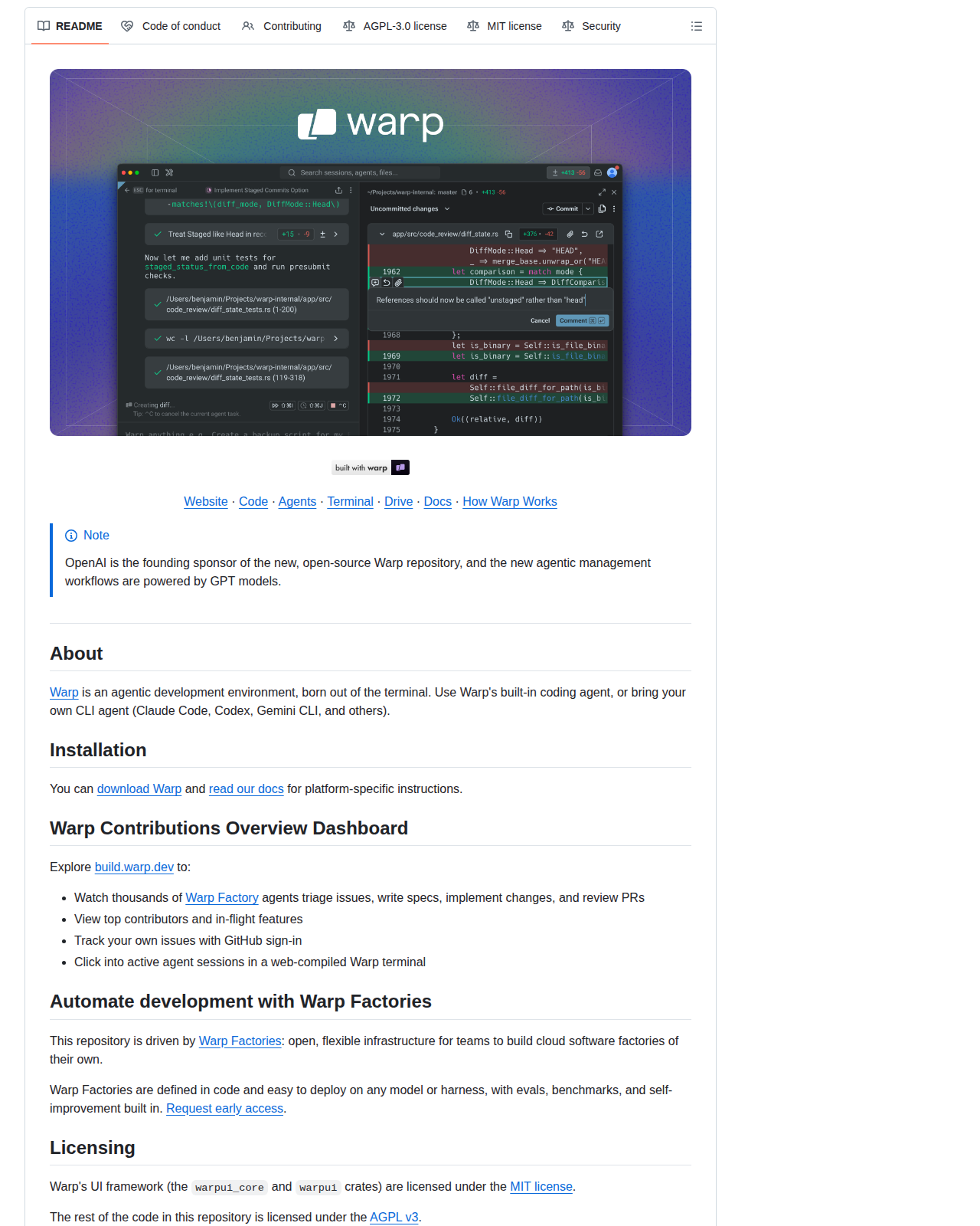 Warp 專案 README 開頭，顯示專案名稱 Warp、定位敘述 Agentic Development Environment，以及 About、Installation、Warp Factories 與 Licensing 等章節